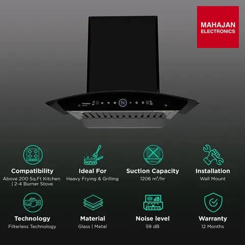 Crompton CHD-IMC60FLE-IND IntelliMotion 60cm 1206m³/hr Ducted Wall Mounted Chimney with Filterless Technology – Mahajan Electronics Online.