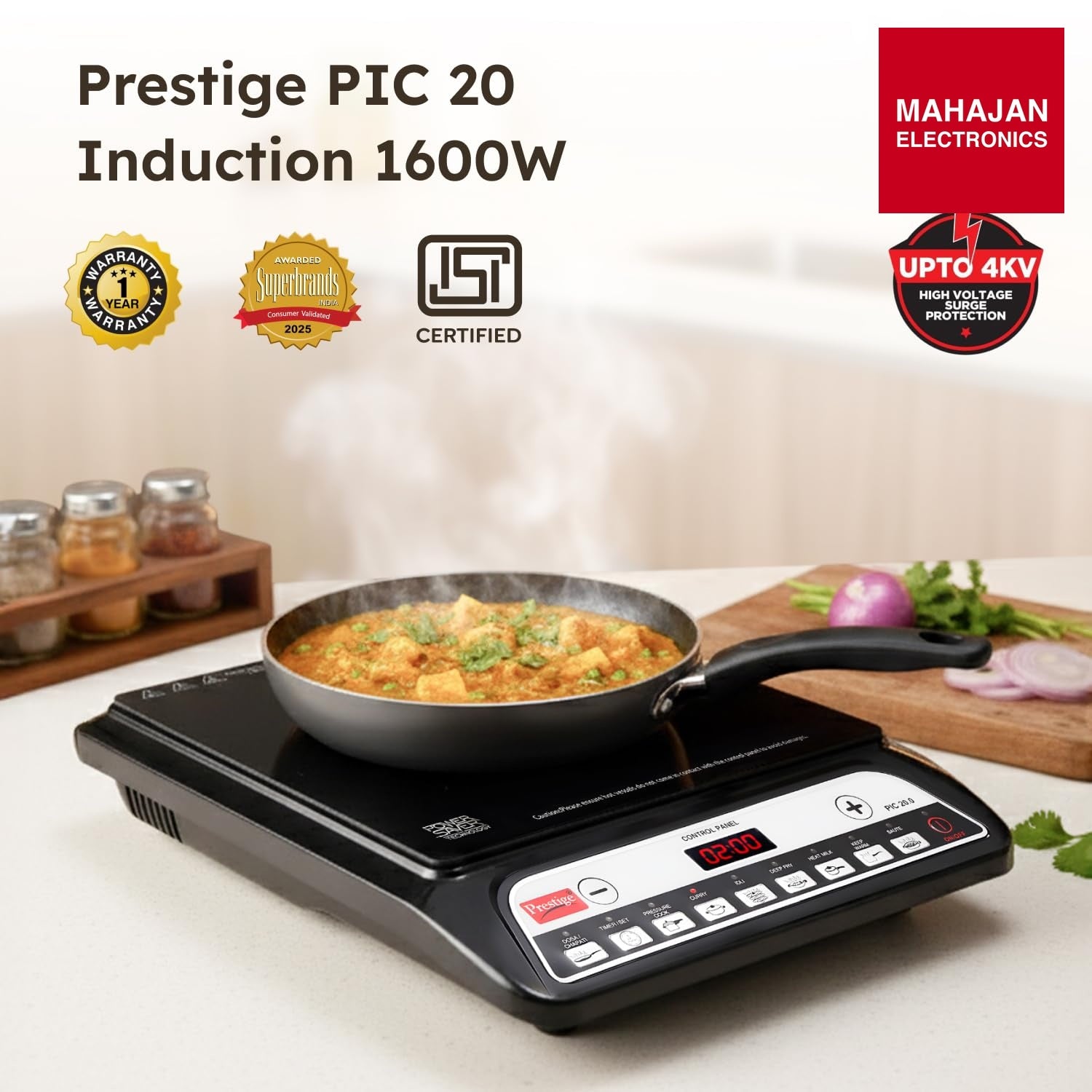 Prestige PIC 20 1600 Watts Induction Cooktop | 4KV Surge Protection | 8 Preset Indian Menu Options & Timer – Mahajan Electronics Online.