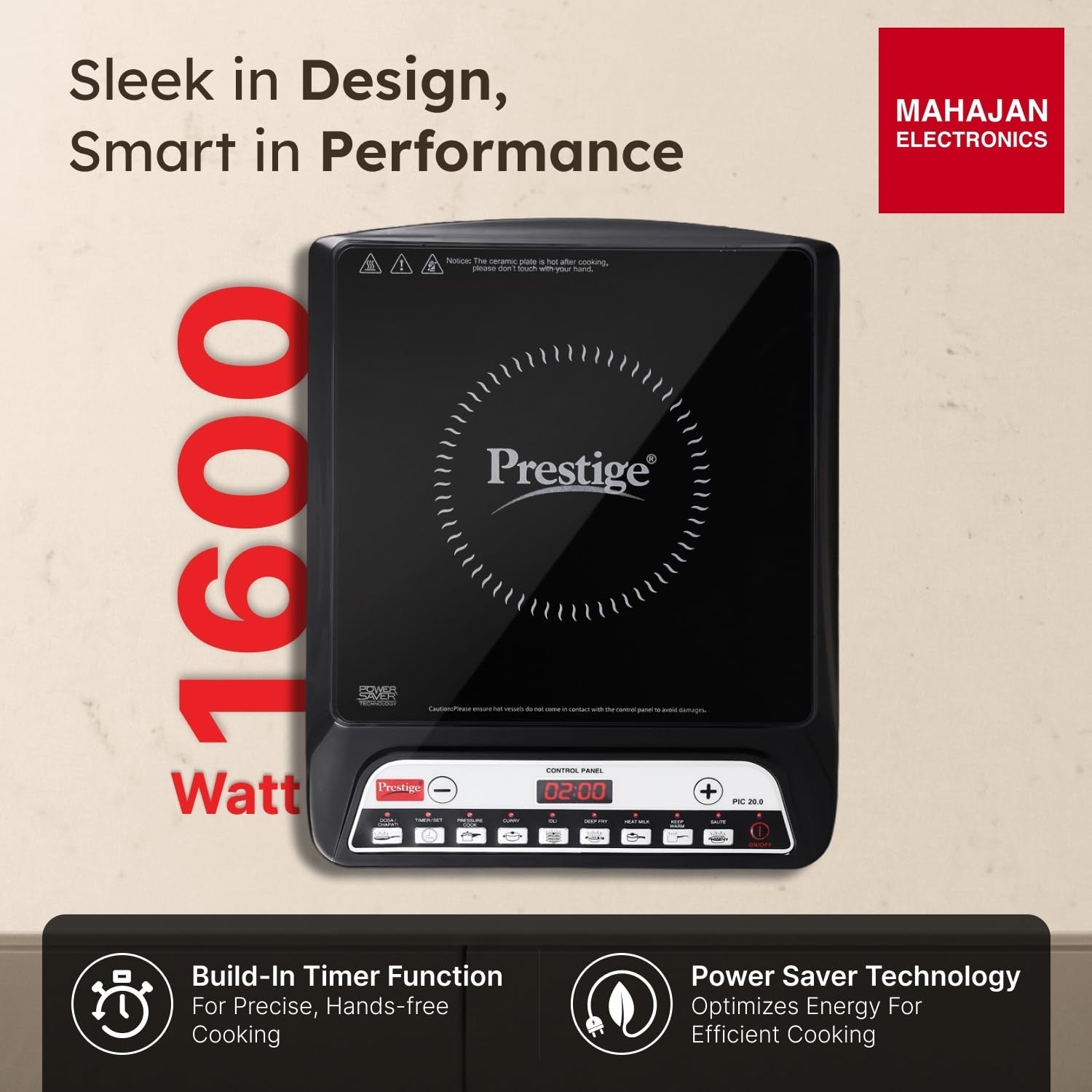 Prestige PIC 20 1600 Watts Induction Cooktop | 4KV Surge Protection | 8 Preset Indian Menu Options & Timer – Mahajan Electronics Online.