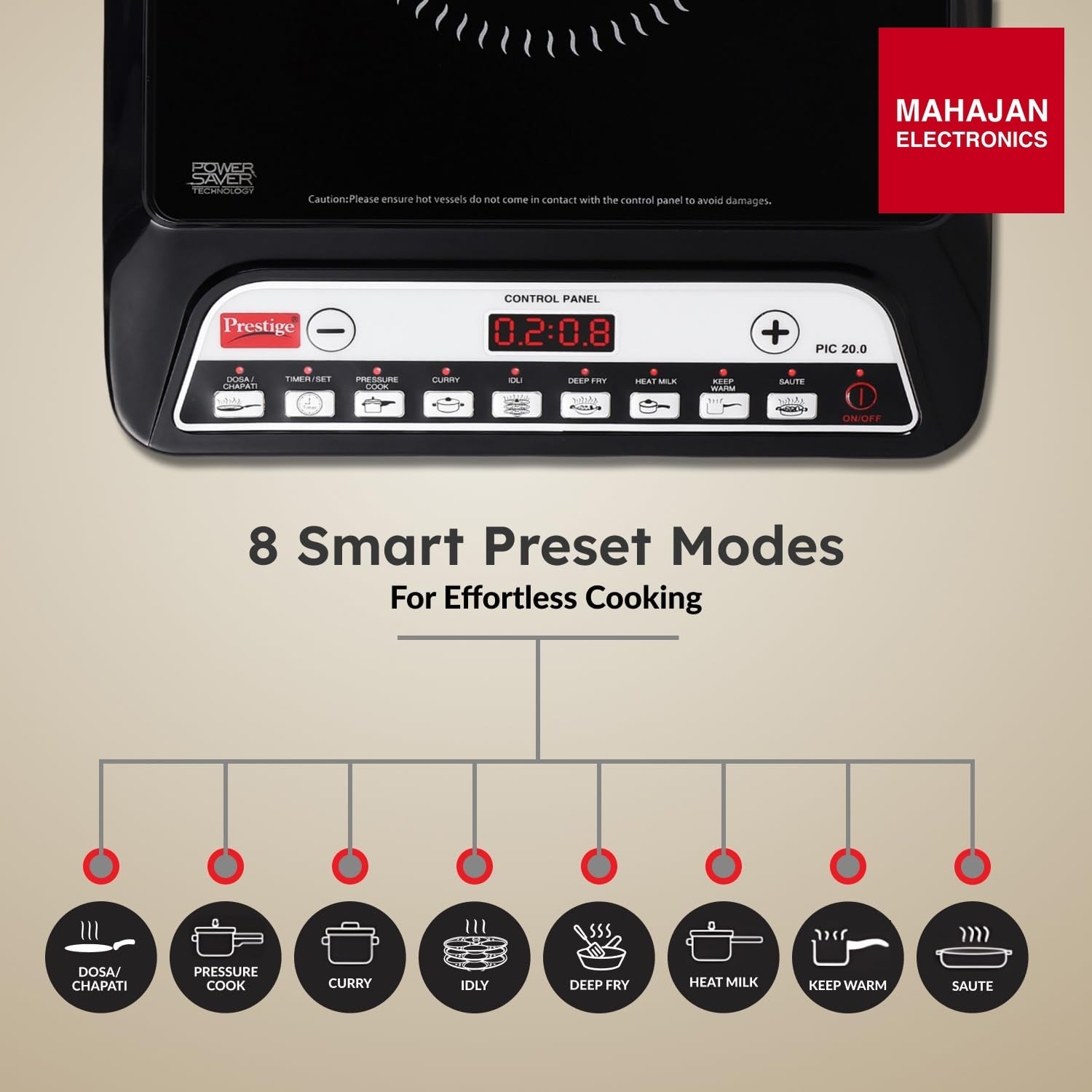Prestige PIC 20 1600 Watts Induction Cooktop | 4KV Surge Protection | 8 Preset Indian Menu Options & Timer – Mahajan Electronics Online.