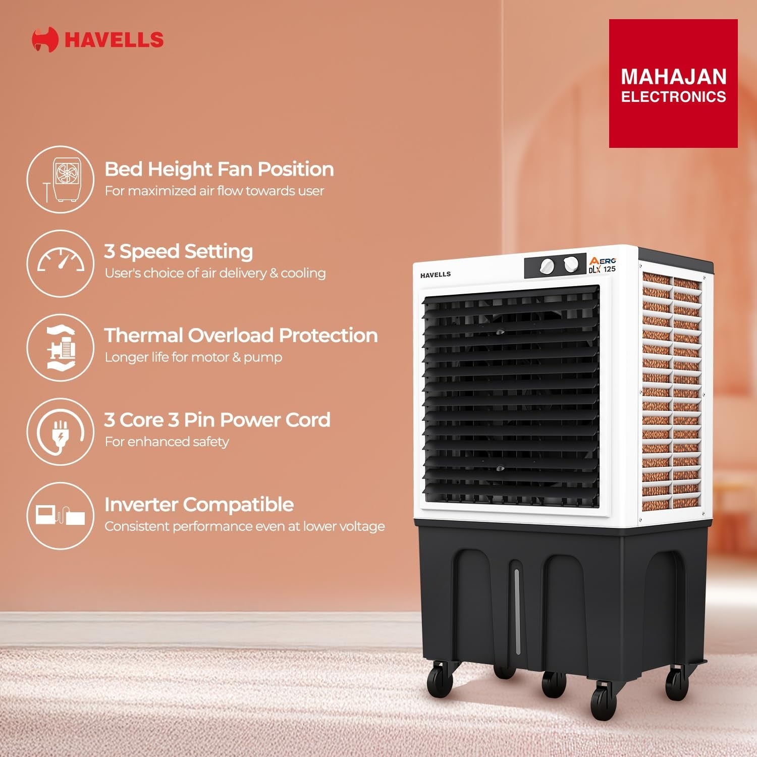 Havells Aero DLX 100L Premium Commercial Air Cooler|Powerful Air-Delivery| 3 Side Honeycomb Pads with – Mahajan Electronics Online.