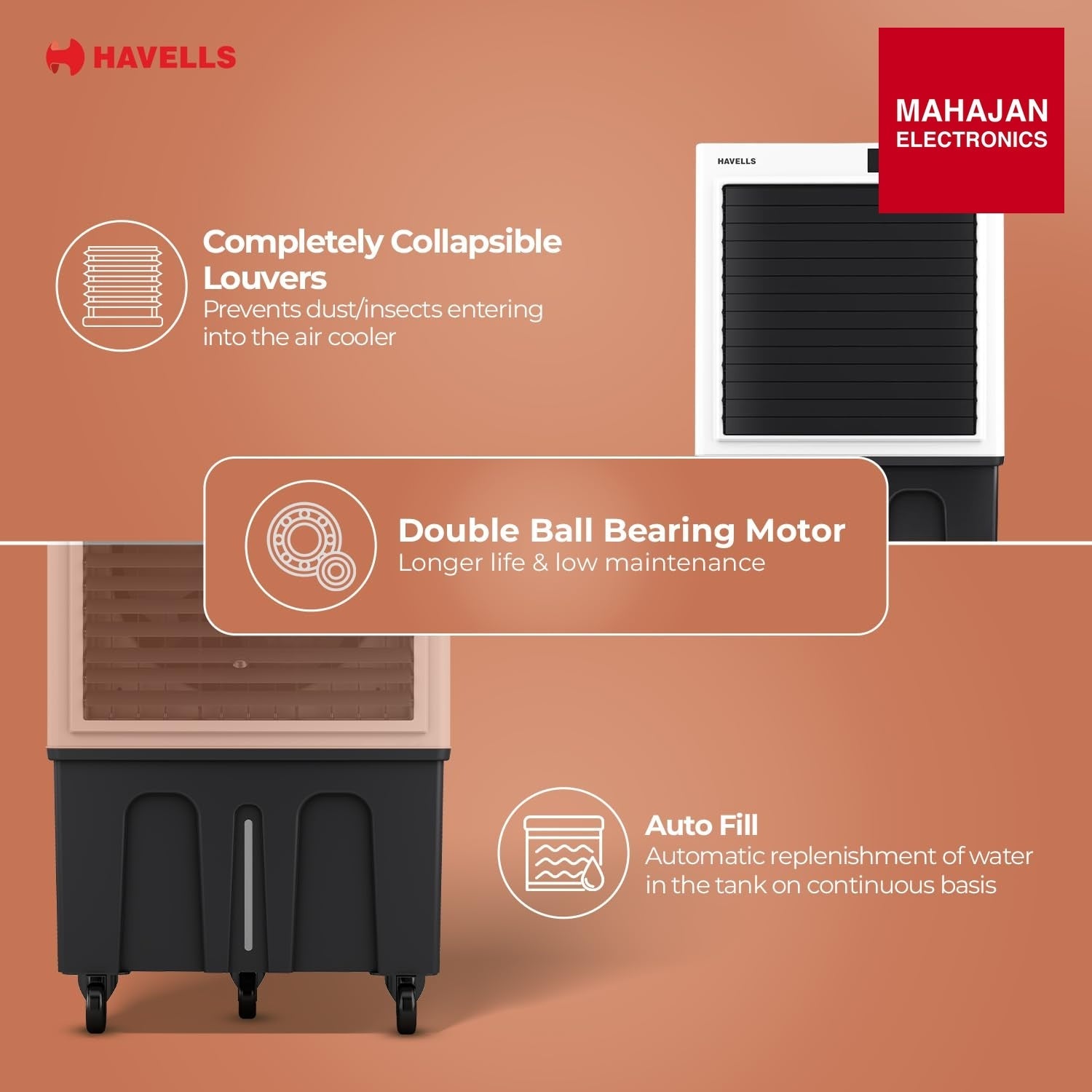 Havells Aero DLX 100L Premium Commercial Air Cooler|Powerful Air-Delivery| 3 Side Honeycomb Pads with – Mahajan Electronics Online.