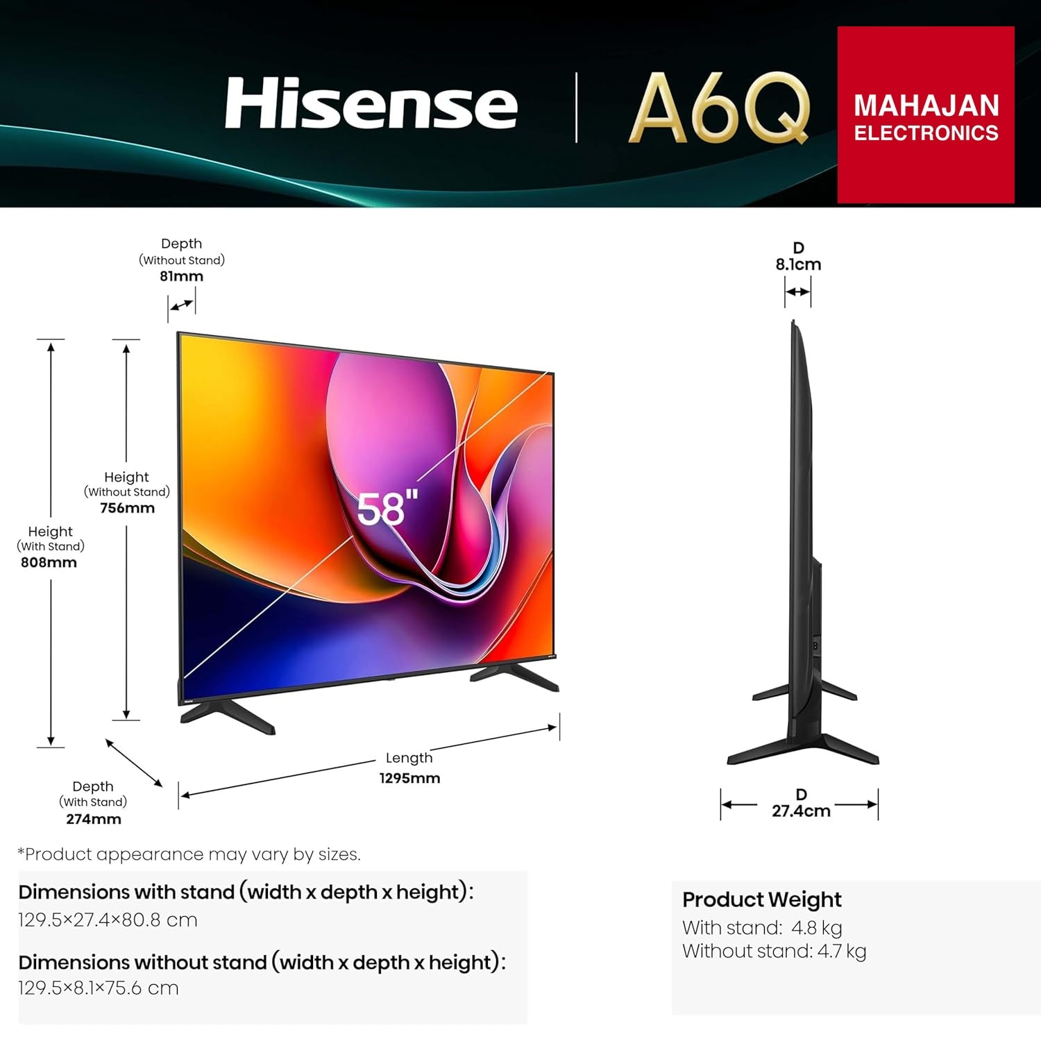 Hisense 146cm (58 inches) A6Q Series 4K Ultra HD Smart LED TV 58A6Q (Black) mahjan electronics online – Mahajan Electronics Online.