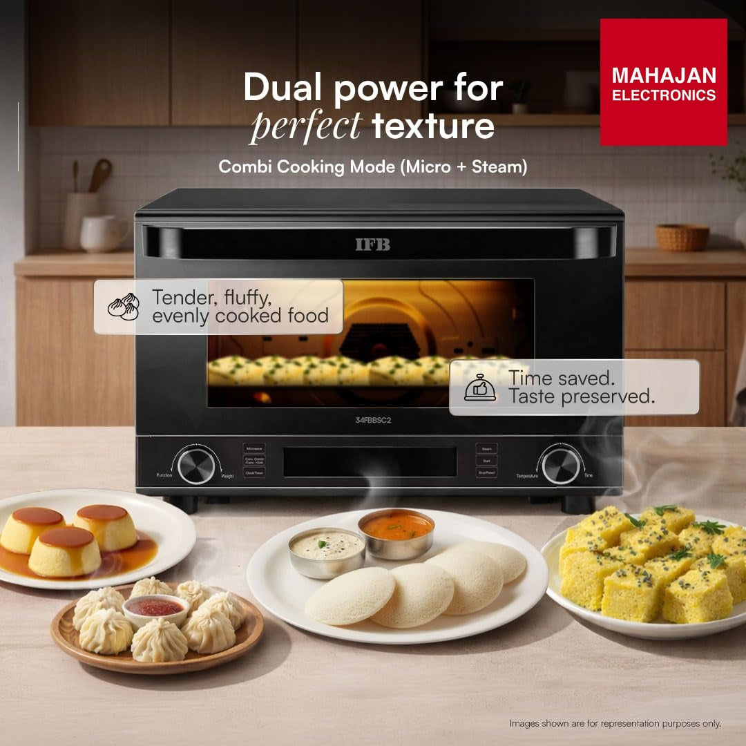 IFB 34FBBSC2 34L, 1000 W, FlatBed with Inverter Technology, 63 Autocook menus, PowerSteam, 6 Power levels, SelfClean, Steralise mode, LCD Display, Convection & Grill Microwave Oven (34FBBSC2, Metallic Grey) mahajan electronics onilne