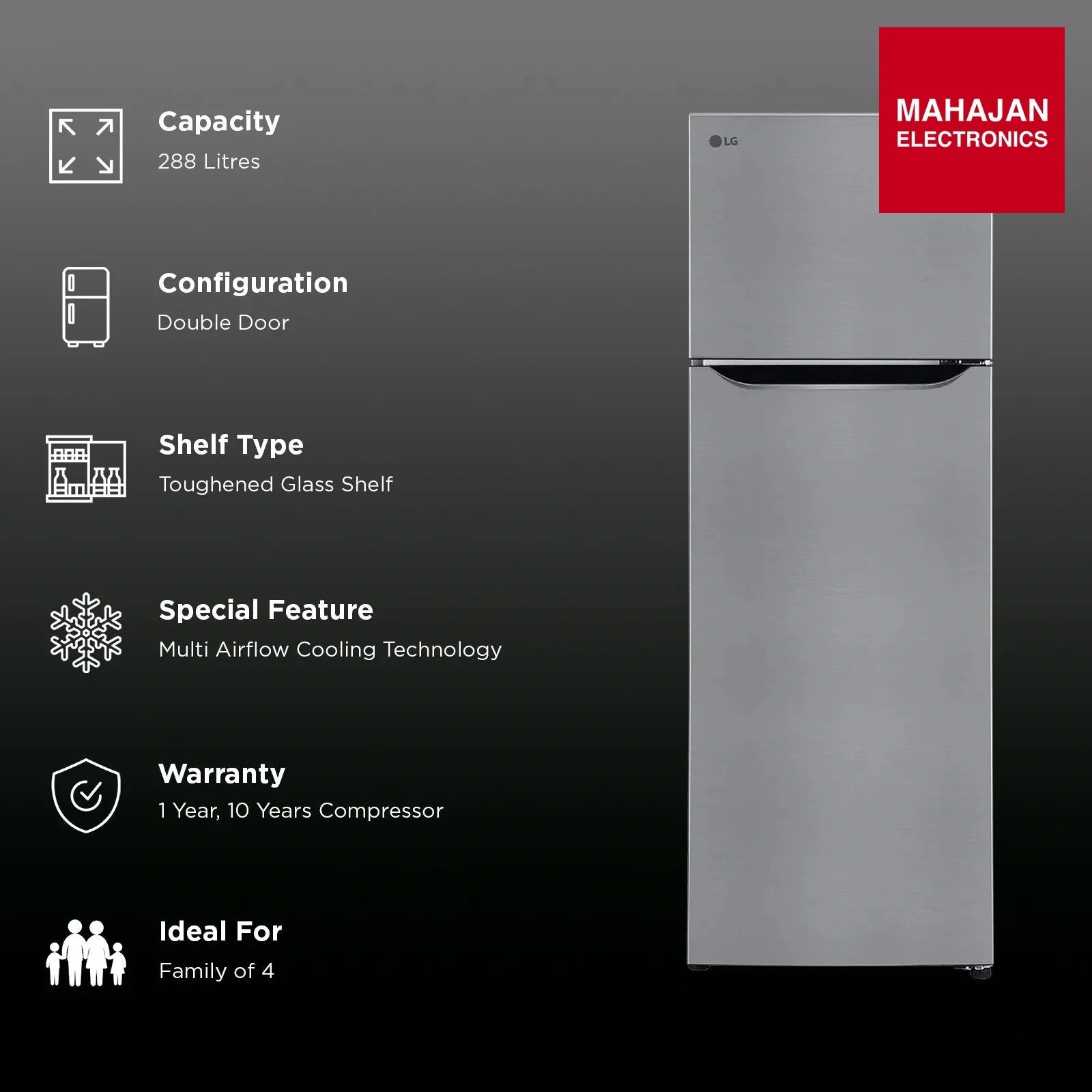 LG GLT2926PDPZ 288 Litres 2 Star Frost Free Double Door Convertible Refrigerator with Smart Diagnosis ( Shiny Steel) (2026 Model) Mahajan Electronics Online