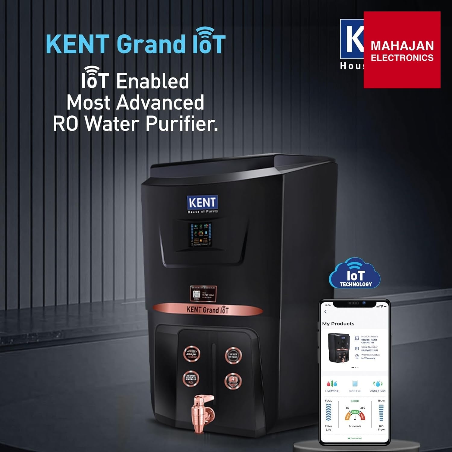 KENT Grand IoT RO Water Purifier| RO+UV+UF+Alk+Cu+TDS Control+UV in Tank | IoT Enabled | Fully Automatic – Mahajan Electronics Online.