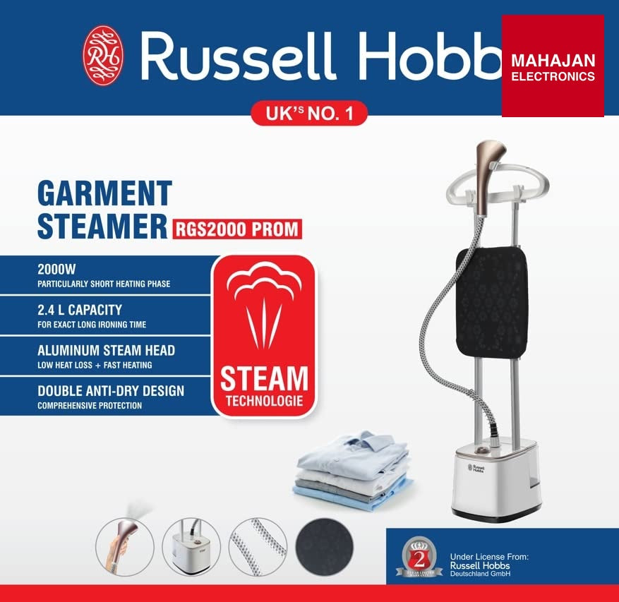 Russell Hobbs RGS 2000-Pro M Professional Garment Steamer | 2000W Power | 10 Steam Levels | 2.4L Detachable – Mahajan Electronics Online.
