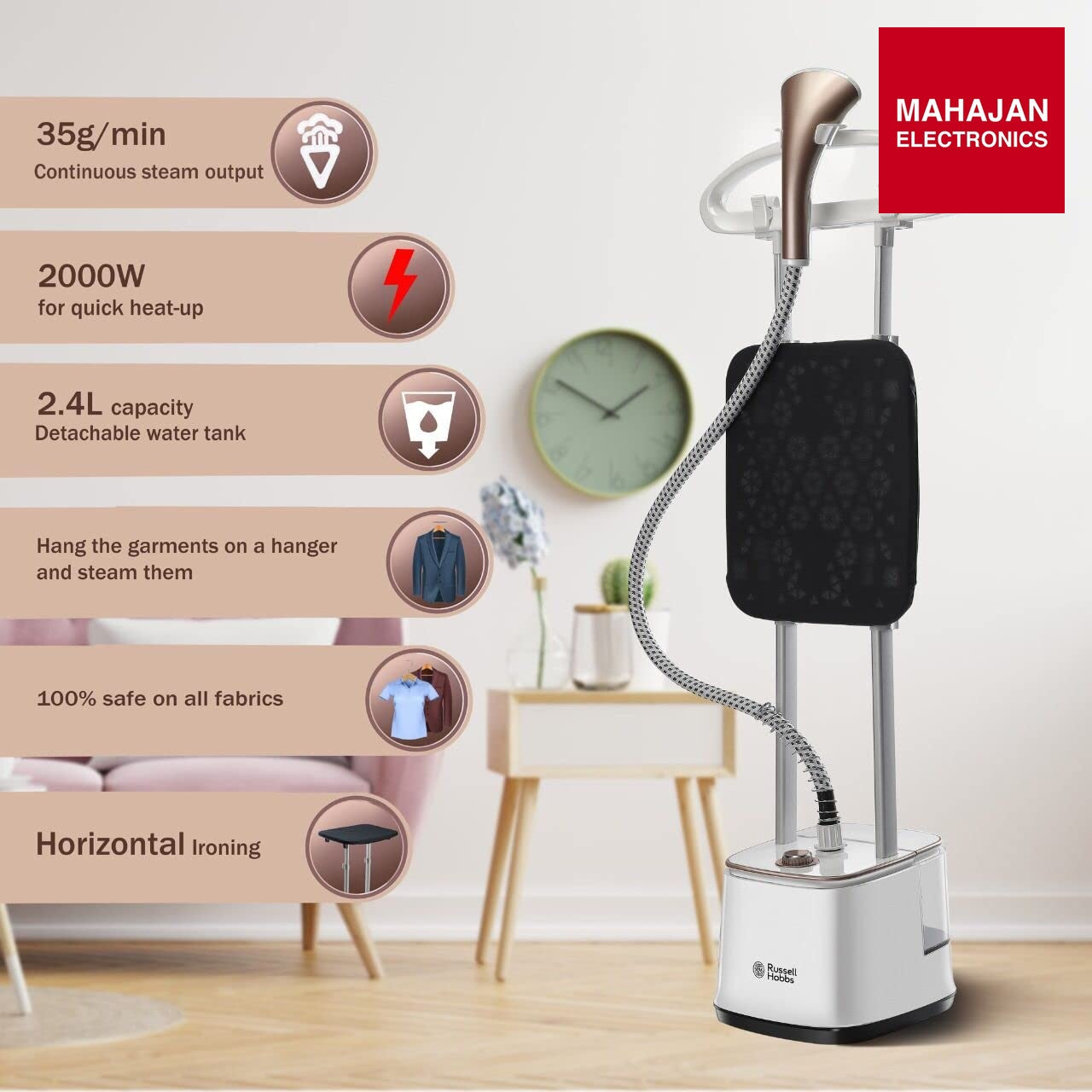 Russell Hobbs RGS 2000-Pro M Professional Garment Steamer | 2000W Power | 10 Steam Levels | 2.4L Detachable – Mahajan Electronics Online.