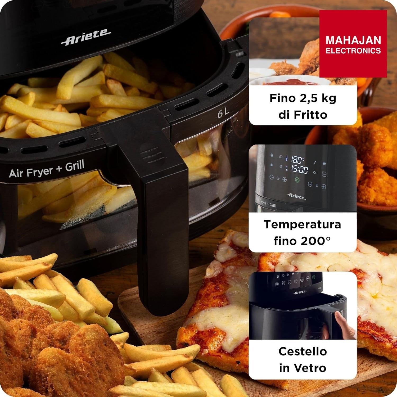 Ariete 4626 6L Air Fryer 1300W with Transparent Basket | Buy Online Delhi NCR Mahajan Electronics – Mahajan Electronics Online.