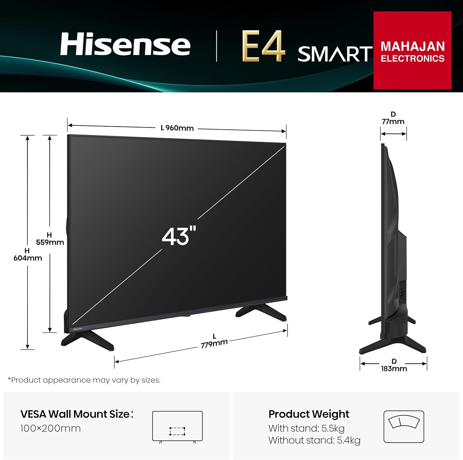 Hisense 43E4S 43 inch Smart TV, Full HD TV 43 inch, Budget Smart TV, Bezel less TV India.-Online Mahajan – Mahajan Electronics Online.