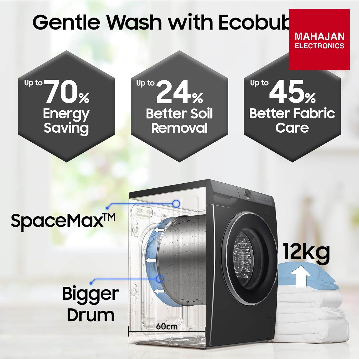 Samsung WW12DB8B54GSTL 12 kg, 5 Star, AI Control, Super Speed, Wi-Fi, Hygiene Steam with Inbuilt Heater – Mahajan Electronics Online.