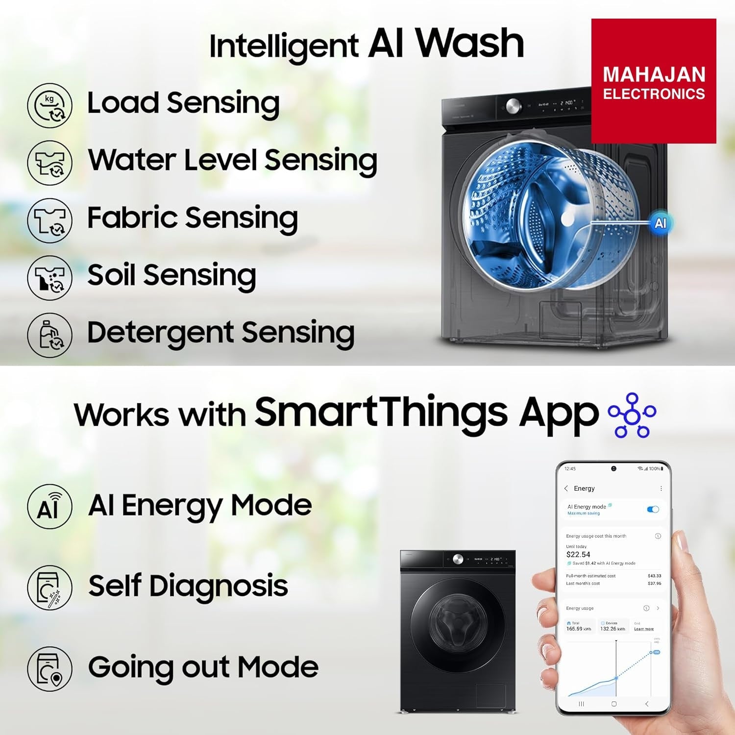 Samsung WW12DB8B54GSTL 12 kg, 5 Star, AI Control, Super Speed, Wi-Fi, Hygiene Steam with Inbuilt Heater – Mahajan Electronics Online.