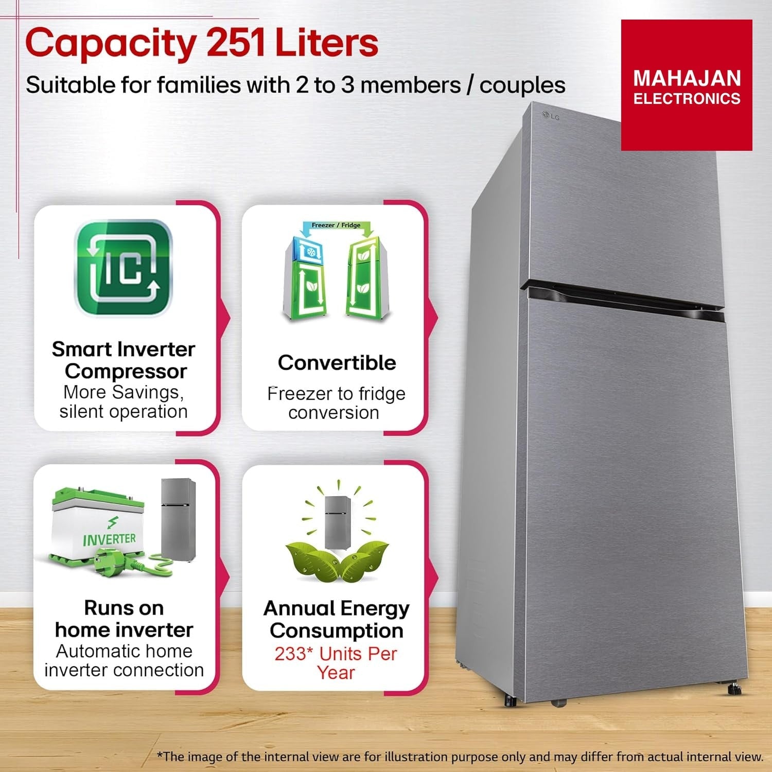 LG GLT2526XWDS 251 L, 2 Star, Frost-Free Smart Inverter Double Door Convertible Refrigerator ( Dazzle Steel – Mahajan Electronics Online.
