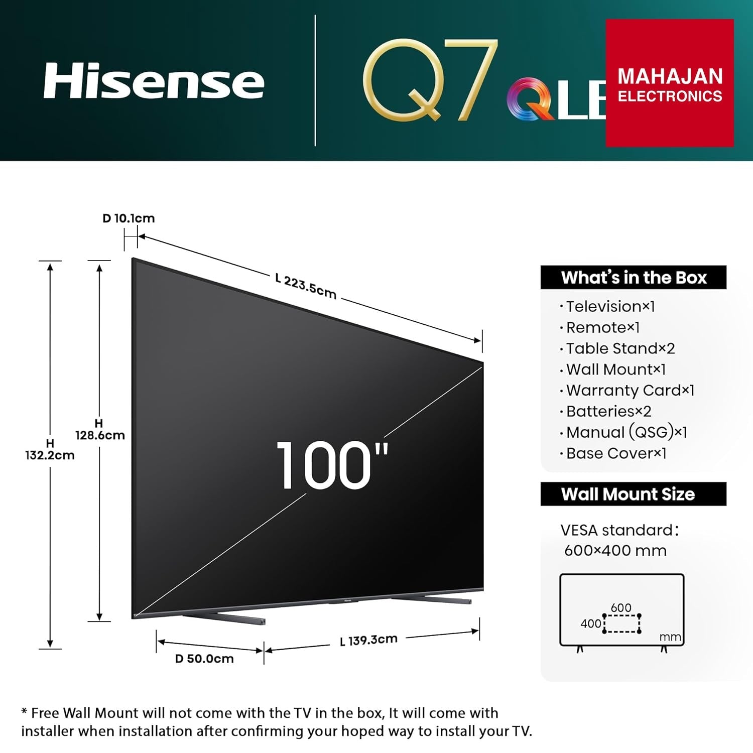 Hisense 100Q7N 254 cm (100 inches) Q7N Series 4K Ultra HD Smart QLED TV (Dark Grey)-Online Mahajan Electronics – Mahajan Electronics Online.