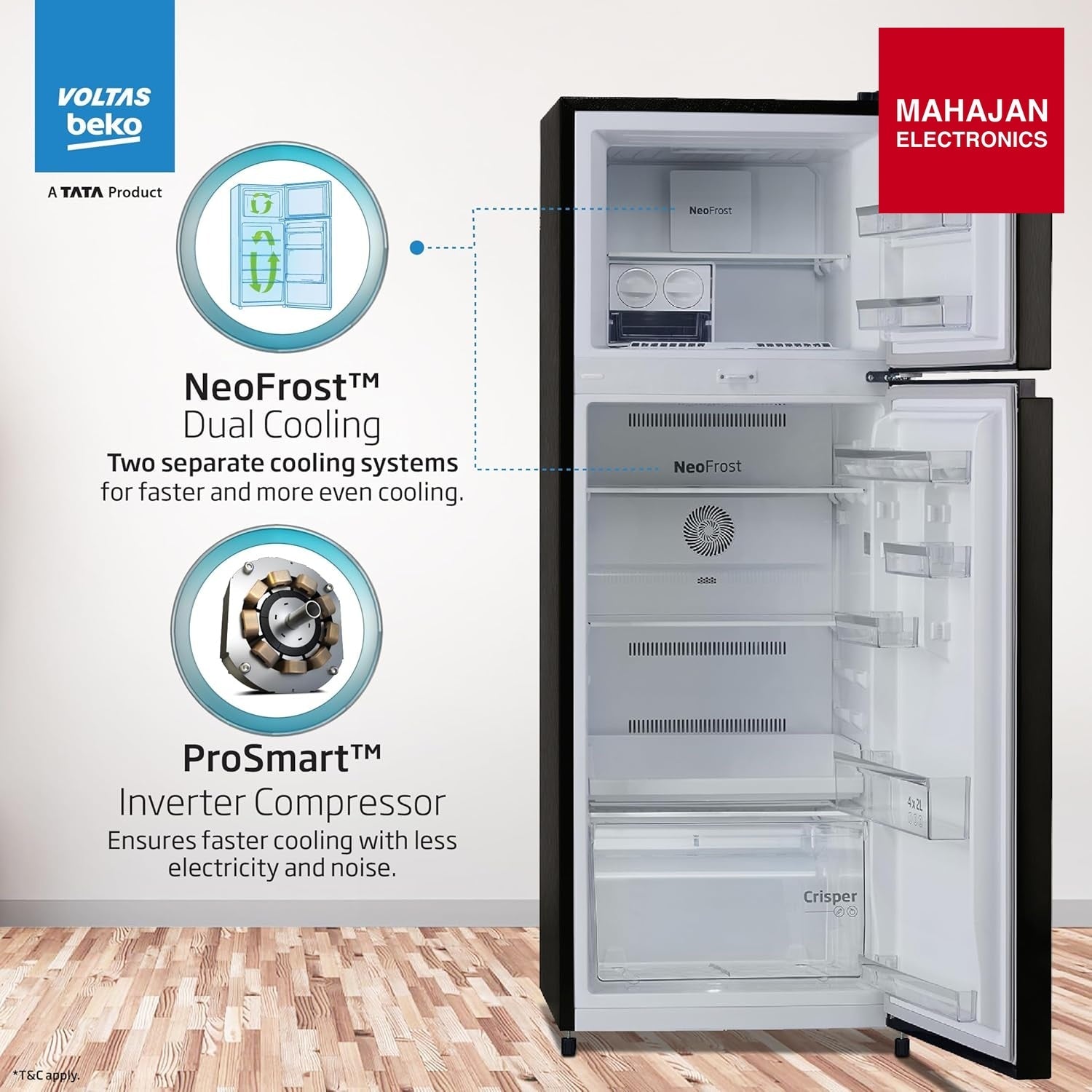 Voltas Beko RFF334D /1WPV100RXBD 283L 1 Star Frost Free Double Door Refrigerator | Wooden Black | ProSmart Inverter Compressor Voltas Beko