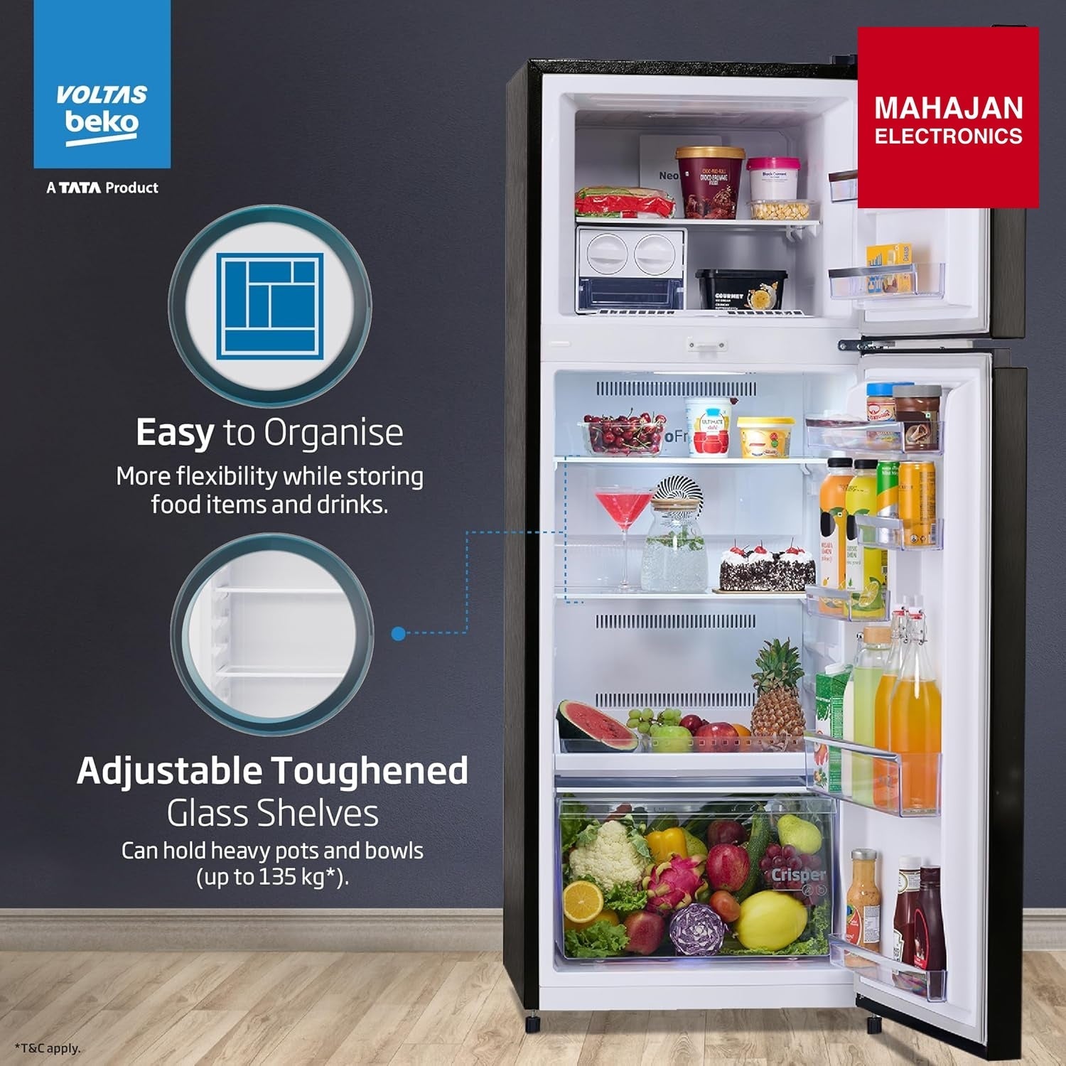 Voltas Beko RFF334D /1WPV100RXBD 283L 1 Star Frost Free Double Door Refrigerator | Wooden Black | ProSmart Inverter Compressor Voltas Beko