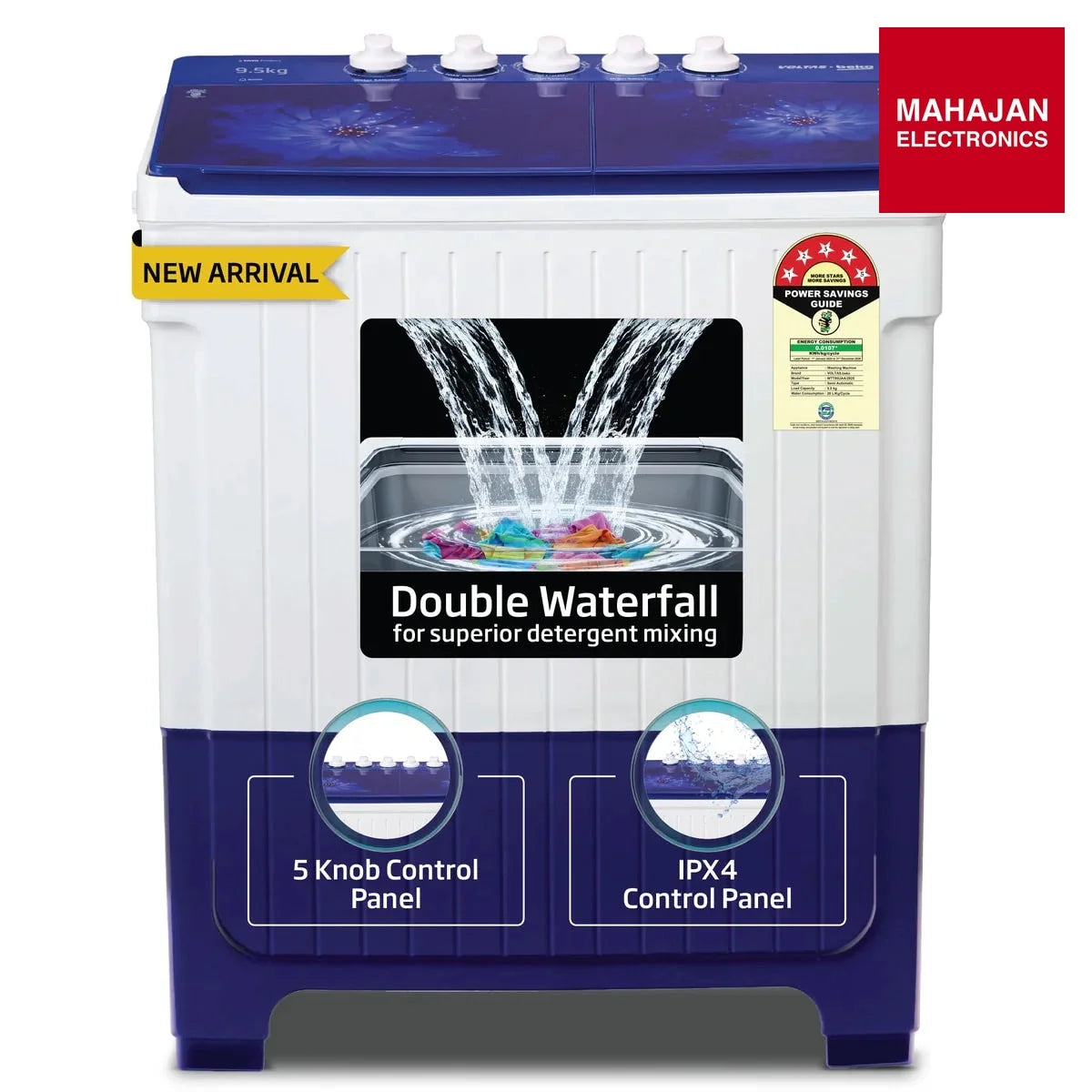 Voltas Beko WTT95UAA/BLSSWH5GFD 9.5 Kg Semi Automatic Top Load Washing Machine | 5 Star | Super Wave Pulsator | Color Blue Voltas Beko