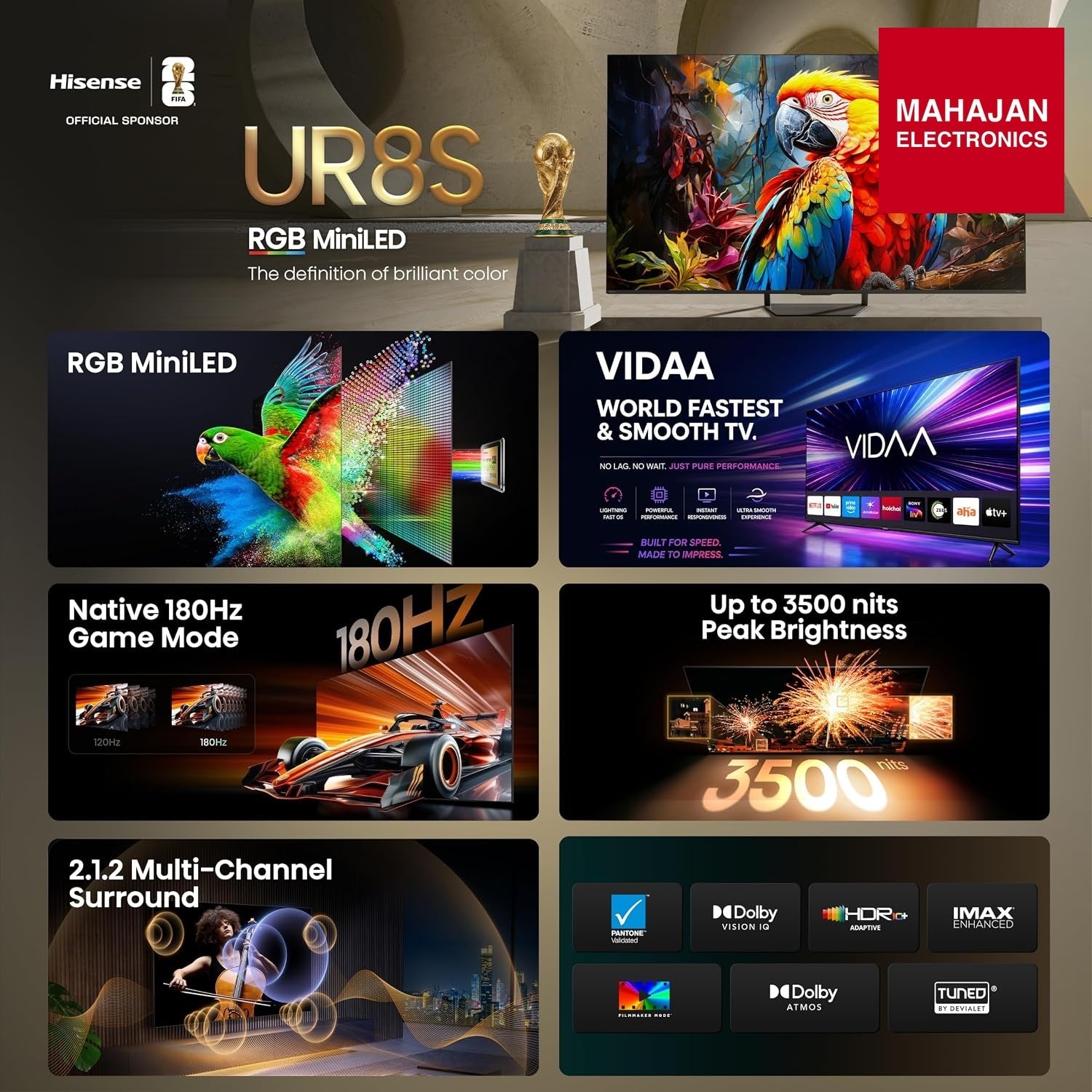 Hisense 65 Inch 65UR8S | RGB MiniLED | Hi-View AI Engine RGB | Native 180Hz Game Mode | Up to 3500 nits Peak Brightness | IMAX Enhanced | 2.1.2 Multi-Channel Surround | AI RGB Light Sensor Hisense