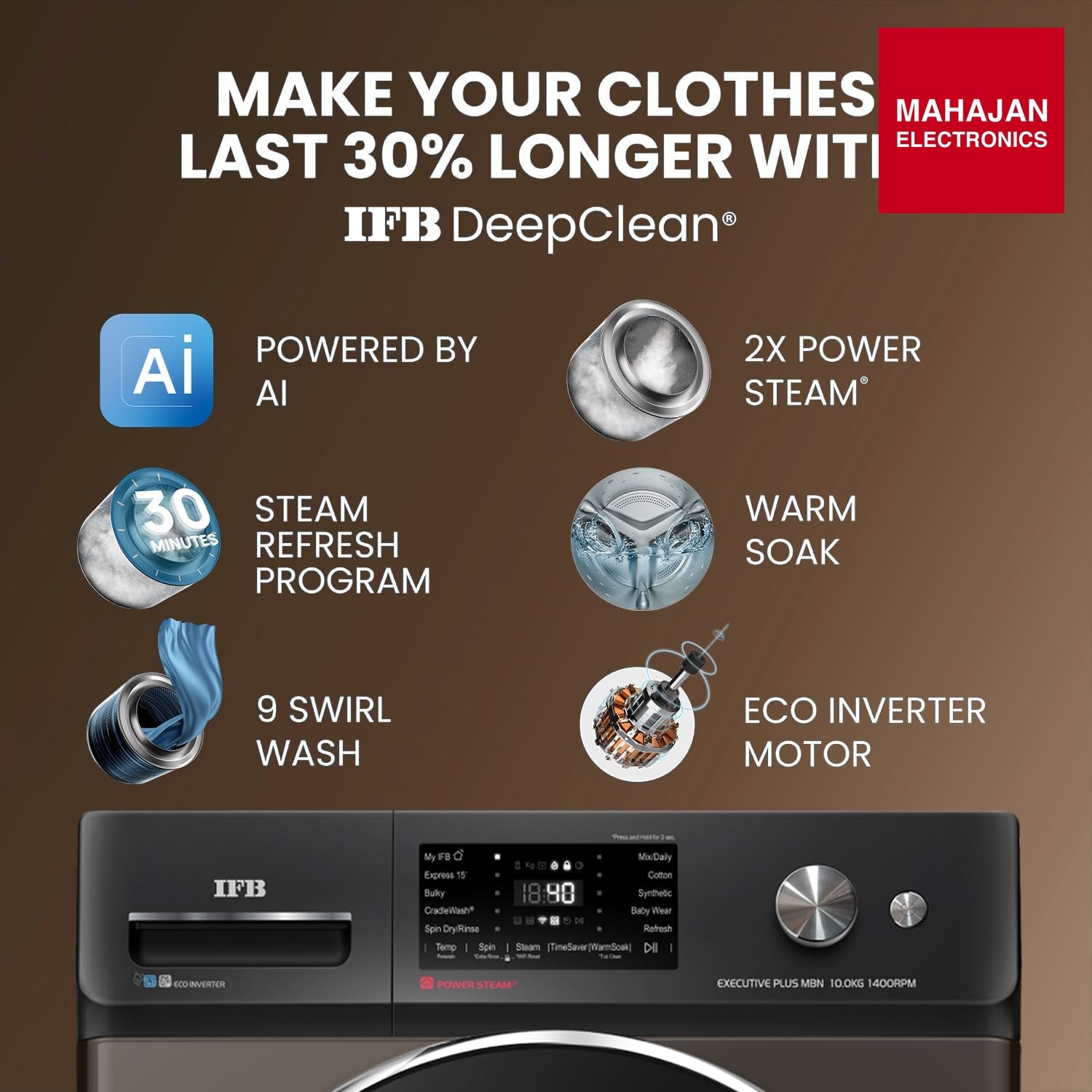 IFB EXECUTIVE PLUS MBN 1014K CMS 10 Kg 5 Star, DeepClean® Technology, AI Powered, WiFi, Fully Automatic Front Load Washing Machine (PowerSteam®,9 Swirl, Steam Refresh, Inbuilt Heater, Eco Inverter, Mocha) IFB