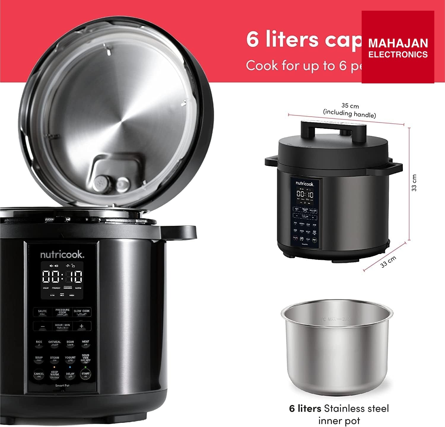 Nutricook SP204K Stainless Steel Smart Pot 2 (6 QT | 6 Litre), 1000W, 9 In 1 Instant Programmable Electric – Mahajan Electronics Online.