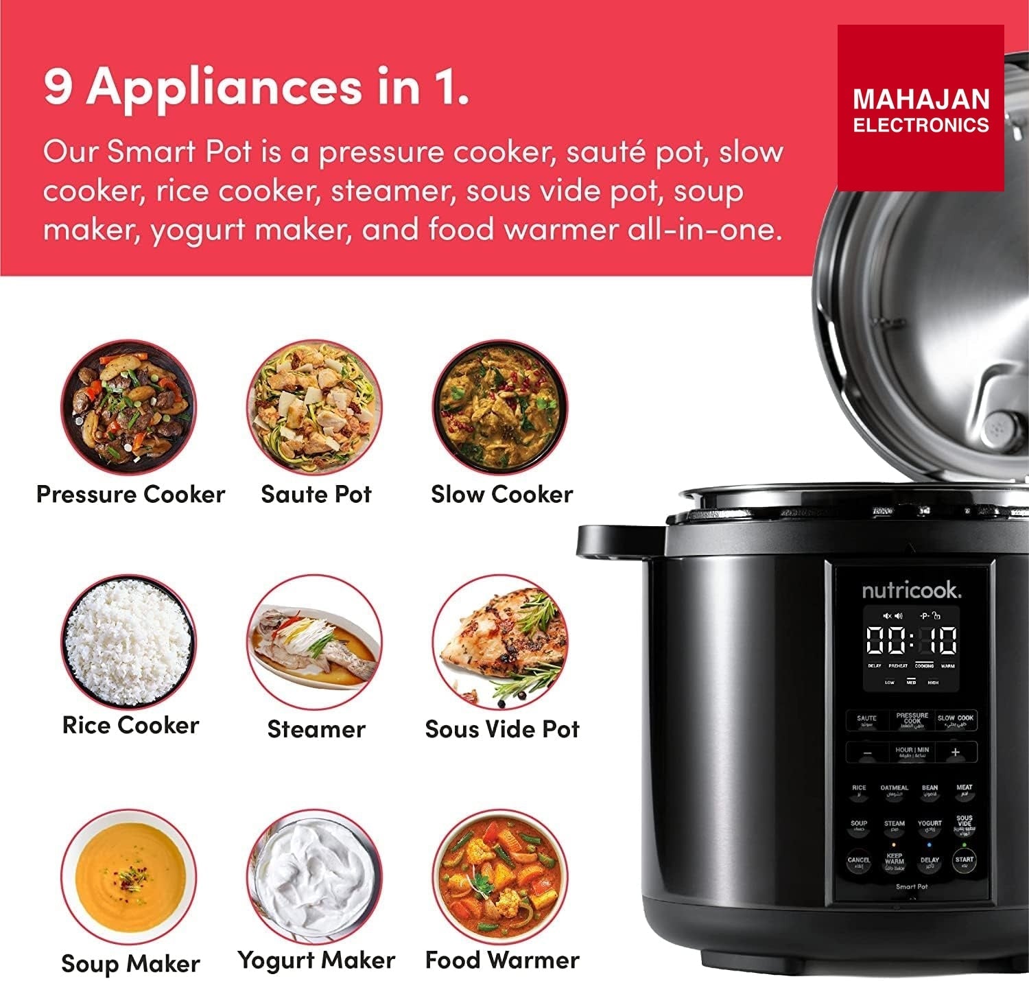Nutricook SP204K Stainless Steel Smart Pot 2 (6 QT | 6 Litre), 1000W, 9 In 1 Instant Programmable Electric – Mahajan Electronics Online.