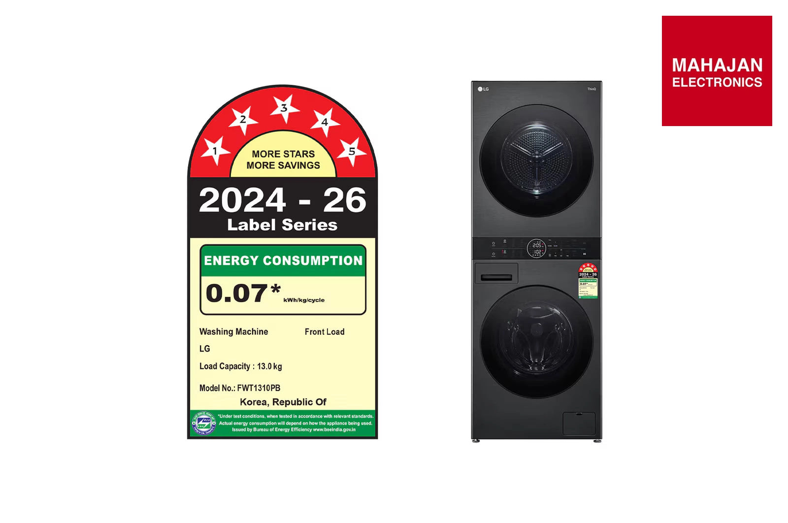 LG FWT1310PB 13 kg (Wash) / 10 kg (Dry) WashTower™ with AI Direct Drive™, Dual Inverter Heat Pump™, Platinum Black, 5 Star secondary product image with Mahajan Electronics logo