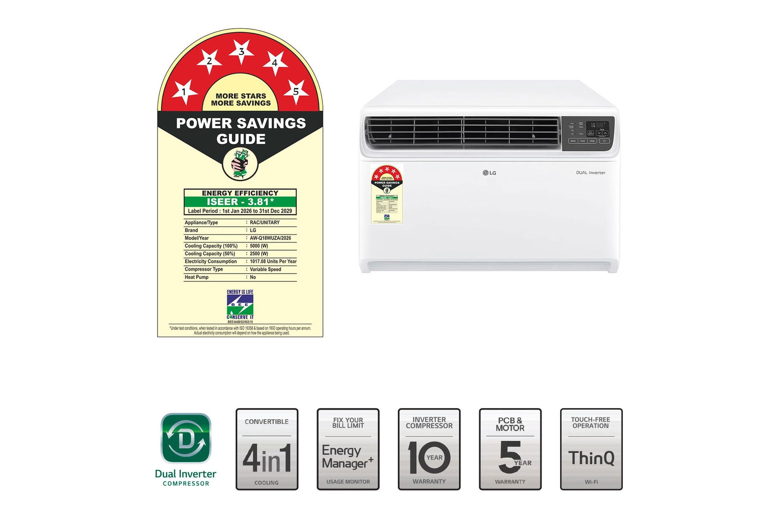 LG AW-Q18WUZA 5 Star (1.5) Window AC, Convertible 4-in-1 Cooling, Dual Inverter Compressor, 100% Copper Tubes, 5.0 kW, MAHAJAN ELETRONICS ONLINE