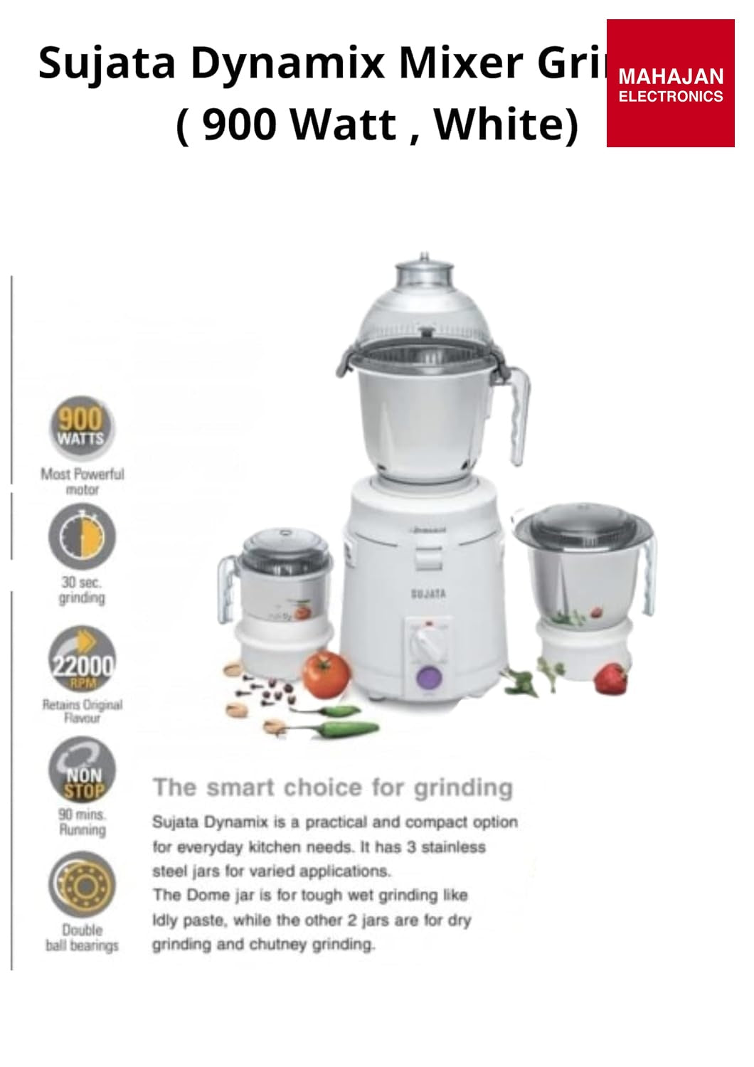Sujata Dynamix 900-Watt Mixer Grinder | 3 Stainless Steel Jars | 22000 RPM | Wet, Dry & Chutney Grinding | Shock-Proof | White Sujata