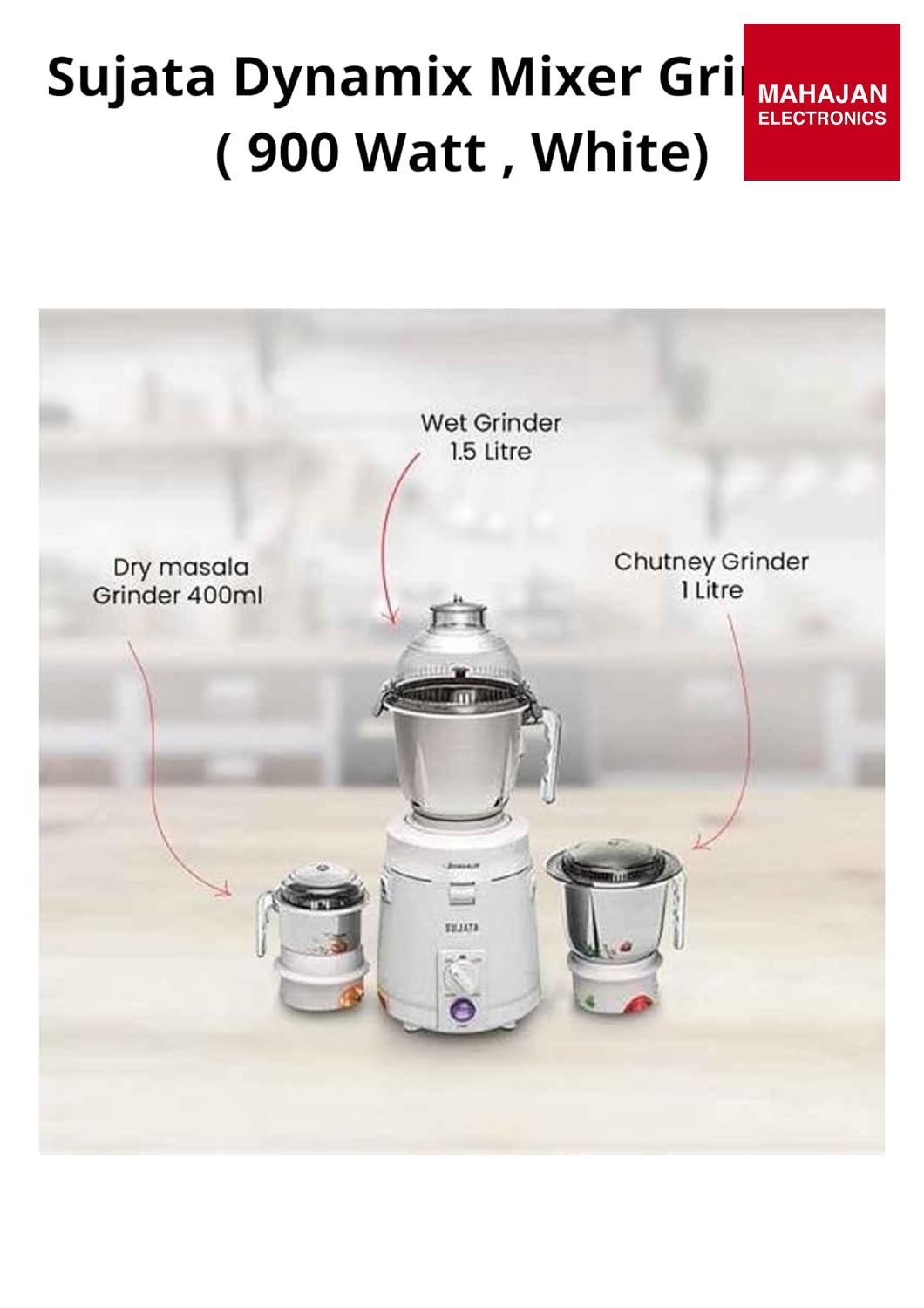 Sujata Dynamix 900-Watt Mixer Grinder | 3 Stainless Steel Jars | 22000 RPM | Wet, Dry & Chutney Grinding | Shock-Proof | White Sujata