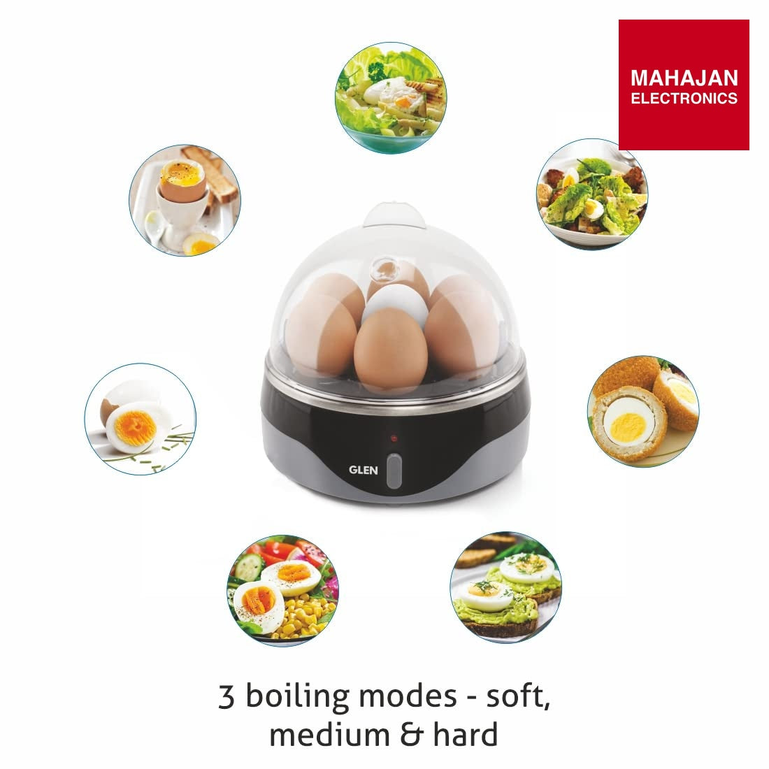 Glen Egg Boiler SA-3030 | 350W Egg Cooker | Boils 7 Eggs | Auto Shut-Off | Poaching Cup | Mahajan Electronics Delhi NCR GLEN