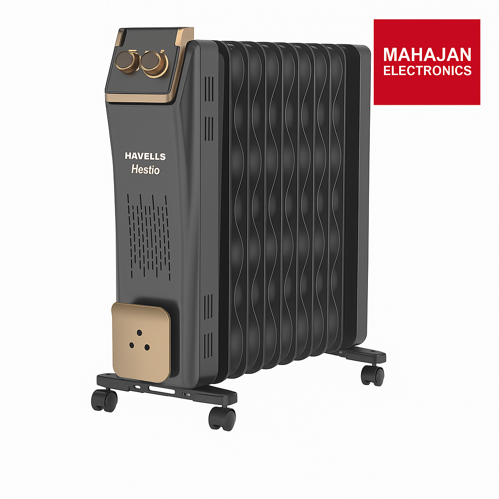Havells GHROFCJK240 9 Fin Hestio Wave Fin OFR (Oil Filled Radiator)|Room Heater|2400 W|3 Heat Settings & PTC Fan Heater|Inclined Control Panel|Retractable Wheels| Comfortable Breathing|360° Heating (Black)