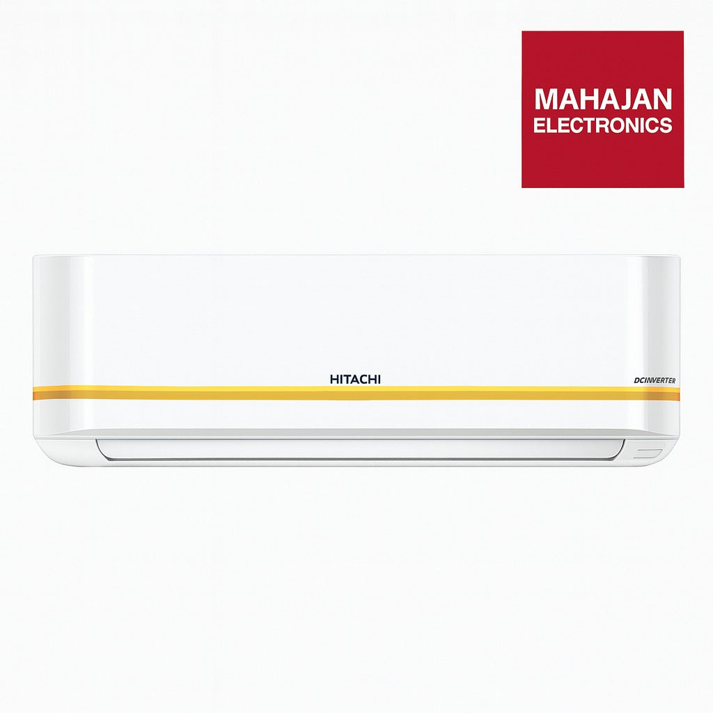 White air conditioner with yellow stripe and Hitachi branding, Mahajan Electronics logo above.