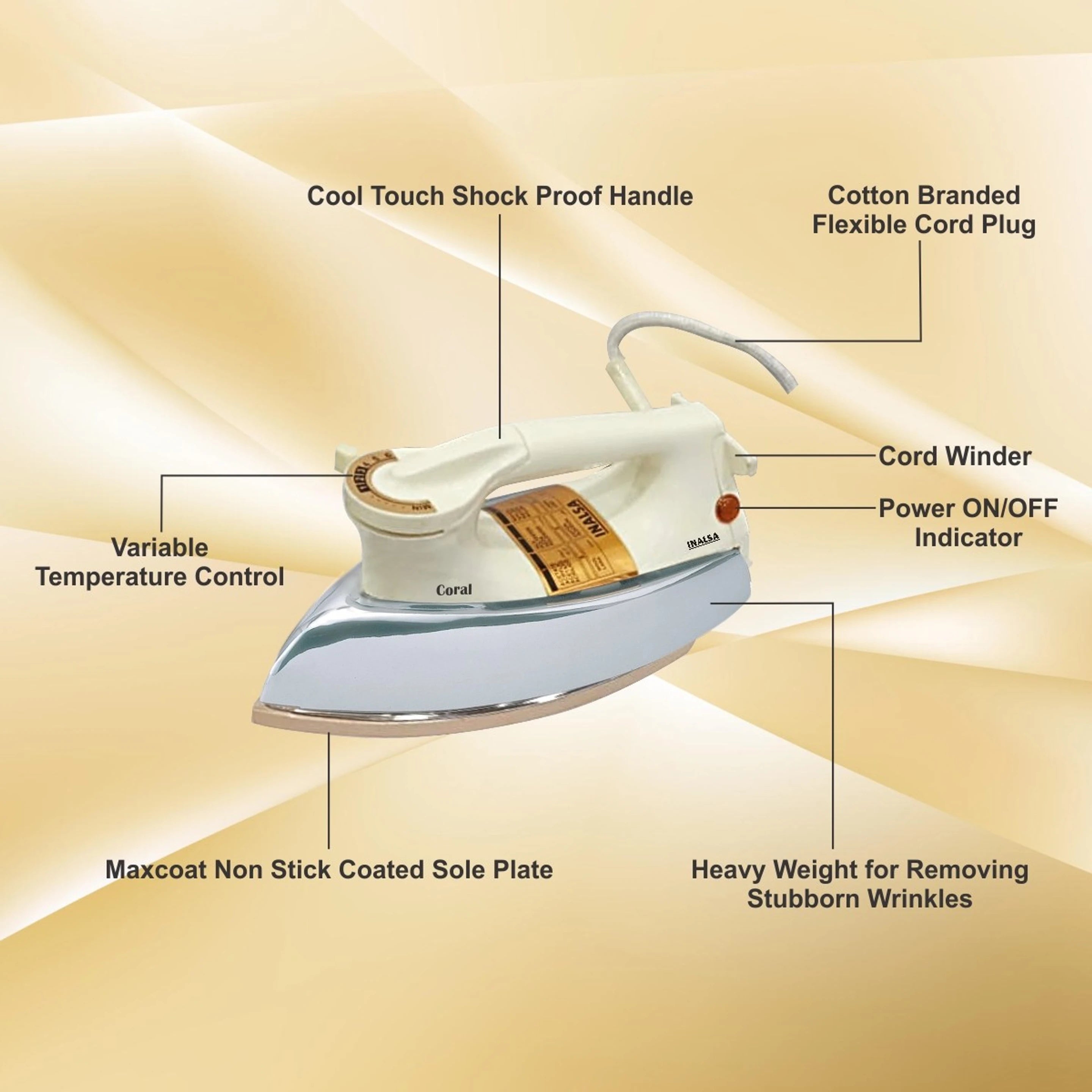 Inalsa Coral 1000W Dry Iron – Opal White INALSA ONLINE MAHAJAN ELECTRONICS