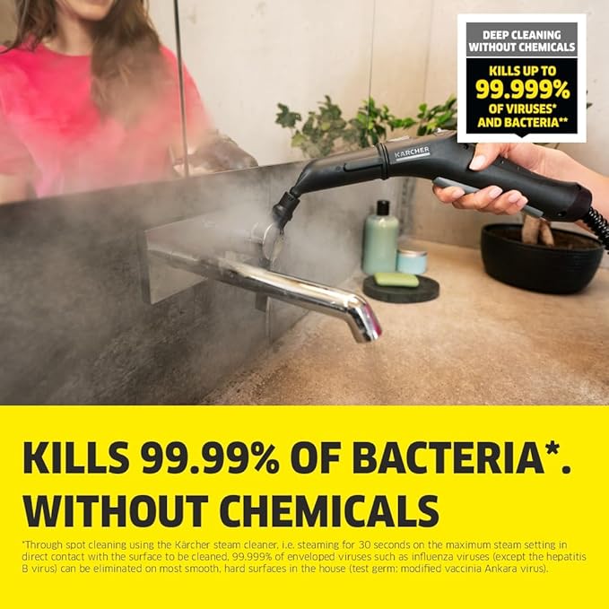 KARCHER SC 2 EasyFix Steam Cleaner, 1500W, 3.2 Bar Pressure, 1200L Steam/L Water, Chemical Free Cleaning, Removes 99.99% Viruses & Bacteria, EasyFix Floor Kit, Ideal for Home Use, German Tech, White-Online Mahajan Electronics