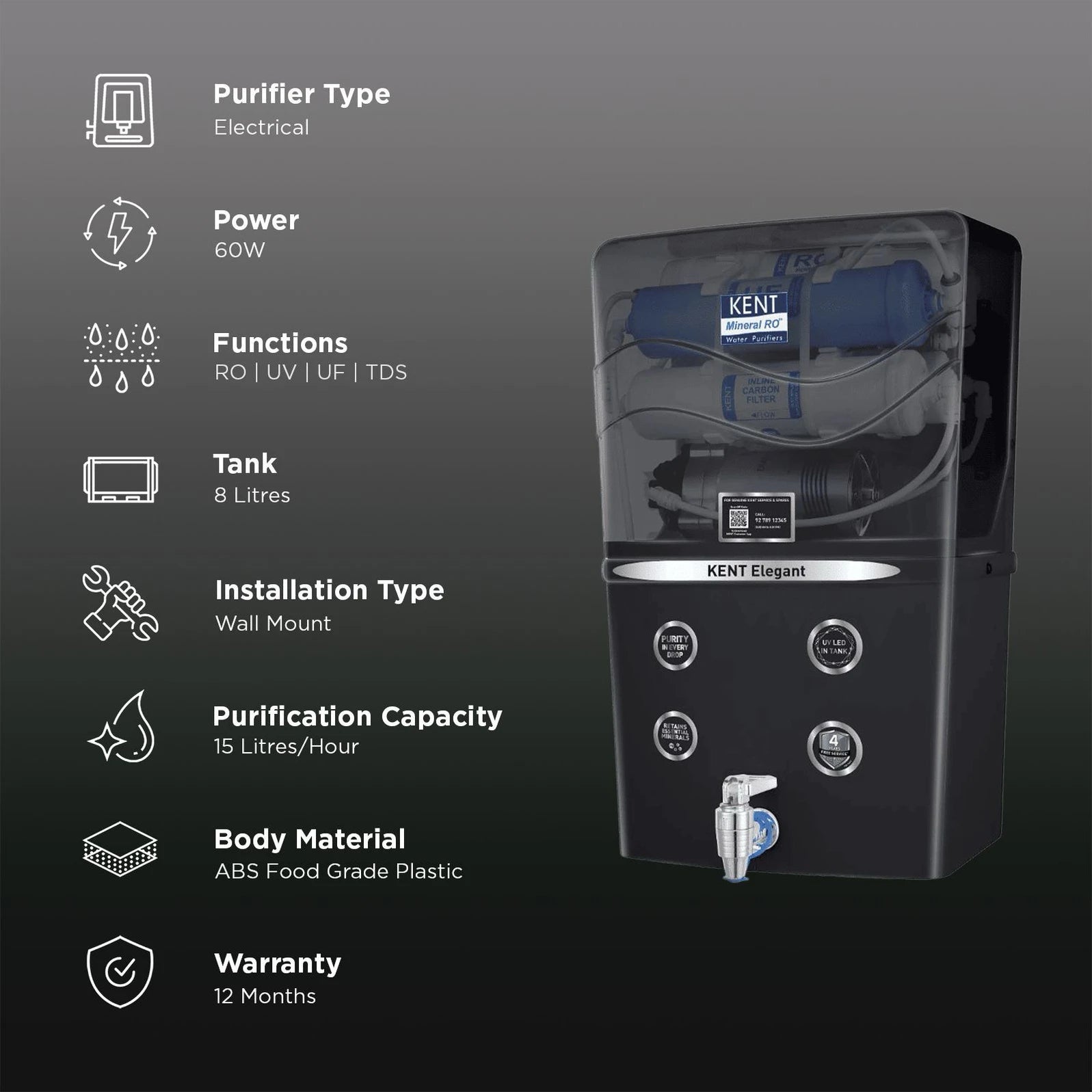KENT ELEGANT MINERAL RO  8L, RO UV UF TDS Water Puarifier | Black-Online Mahajan Electronics