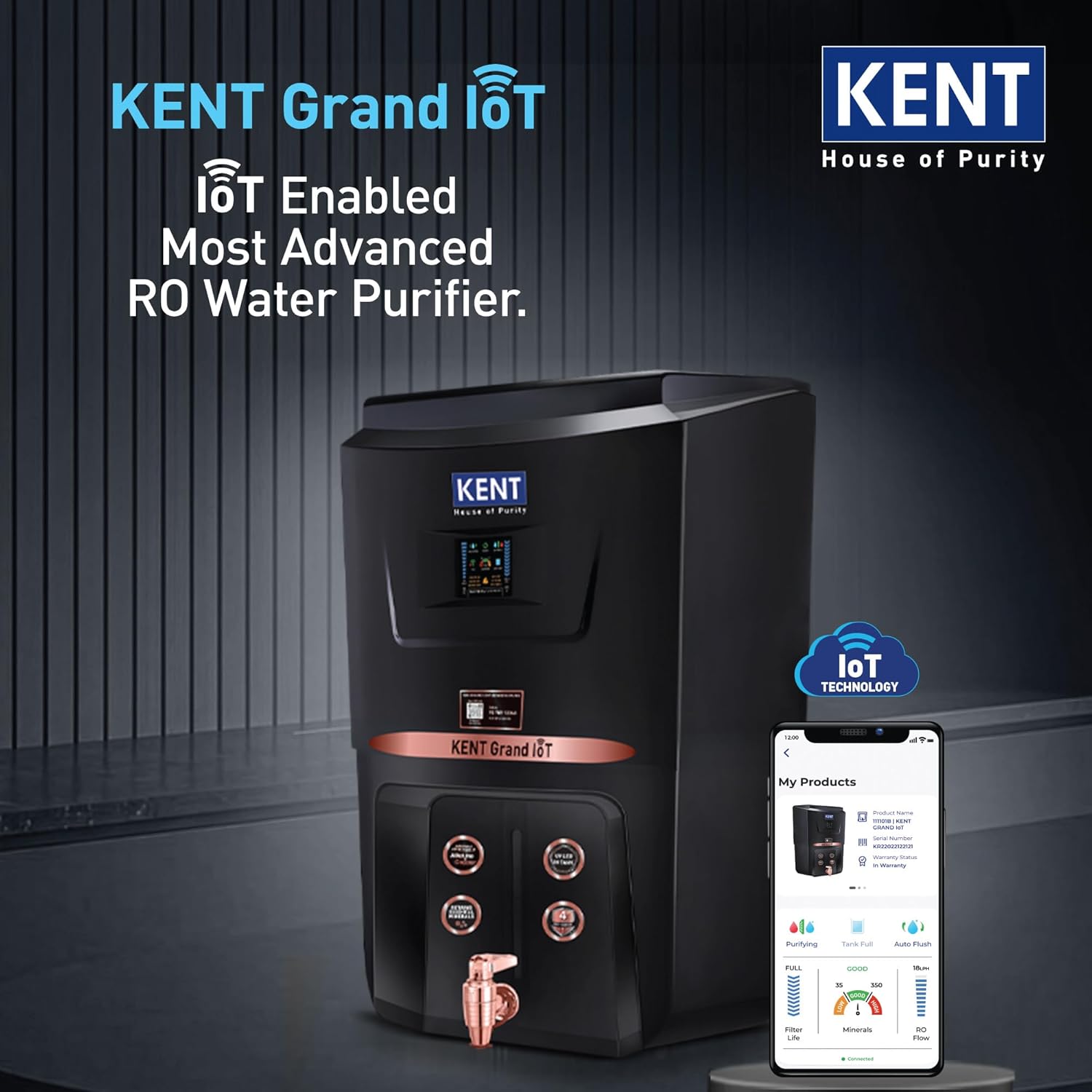 KENT Grand IoT RO Water Purifier| RO+UV+UF+Alk+Cu+TDS Control+UV in Tank | IoT Enabled | Fully Automatic On&OFF Operation |8L|20 LP/Hr|Ideal For Borewell/Tanker/Municipal Water-Online Mahajan Electronics