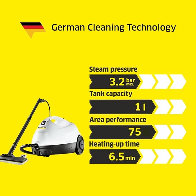 KARCHER SC 2 EasyFix Steam Cleaner, 1500W, 3.2 Bar Pressure, 1200L Steam/L Water, Chemical Free Cleaning, Removes 99.99% Viruses & Bacteria, EasyFix Floor Kit, Ideal for Home Use, German Tech, White-Online Mahajan Electronics