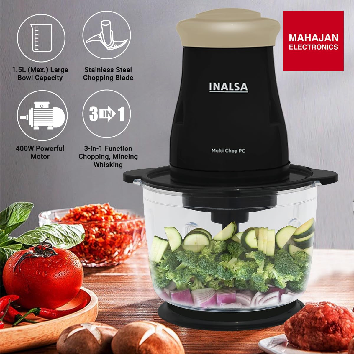 INALSA Multi Chop PC Electric Chopper for Kitchen &Meat Grinder|1.5 LCapacity|Unbreakable Bowl|400W Motor|2 – Mahajan Electronics Online.