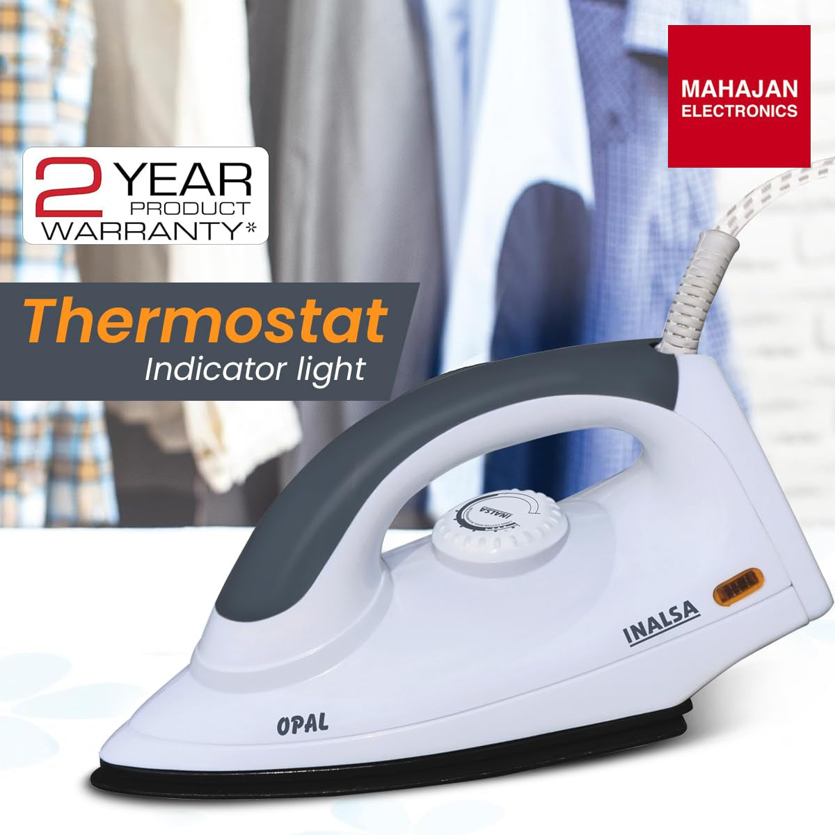 INALSA Electric Opal 1000 Watt Dry Iron For Clothes With Non-Stick Soleplate Coating|Variable Temperature – Mahajan Electronics Online.
