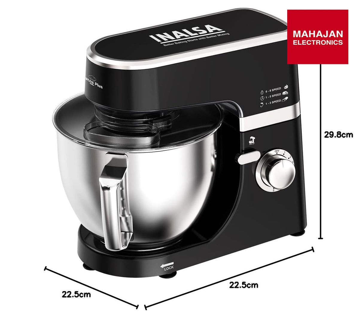 INALSA Stand Mixer 1200W|Pure Copper Motor|5.3L SS Bowl With Splash Guard|Metal Gears for Extra – Mahajan Electronics Online.