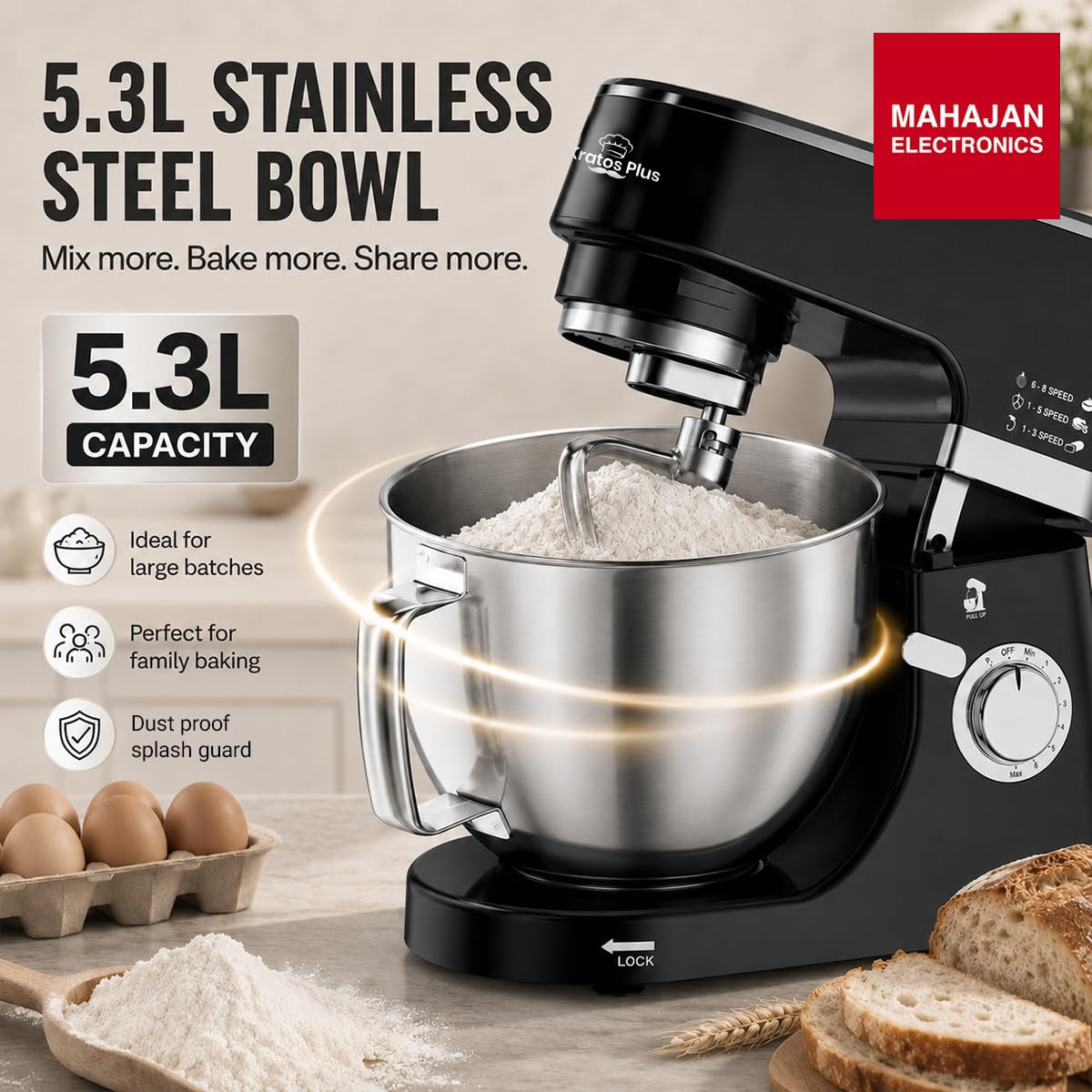 INALSA Stand Mixer 1200W|Pure Copper Motor|5.3L SS Bowl With Splash Guard|Metal Gears for Extra – Mahajan Electronics Online.