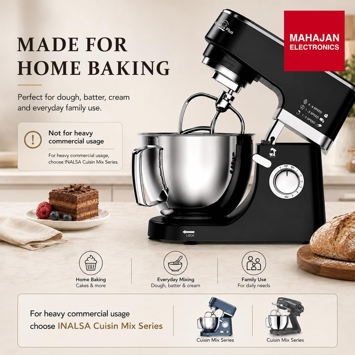 INALSA Stand Mixer 1200W|Pure Copper Motor|5.3L SS Bowl With Splash Guard|Metal Gears for Extra – Mahajan Electronics Online.
