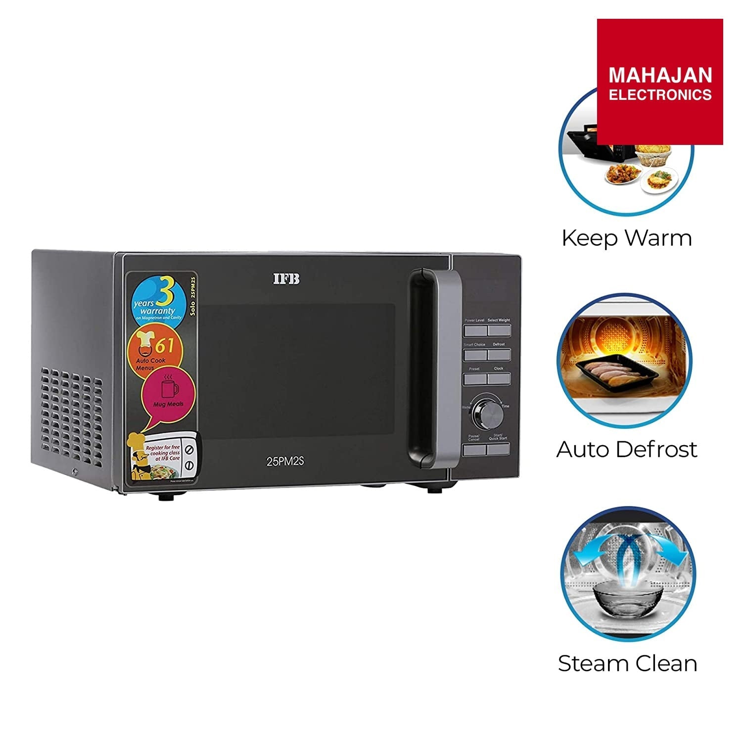 IFB 25PM2S 25L Solo Microwave Oven | 61 Auto Cook Menus | Steam Clean | Disinfect | Silver IFB