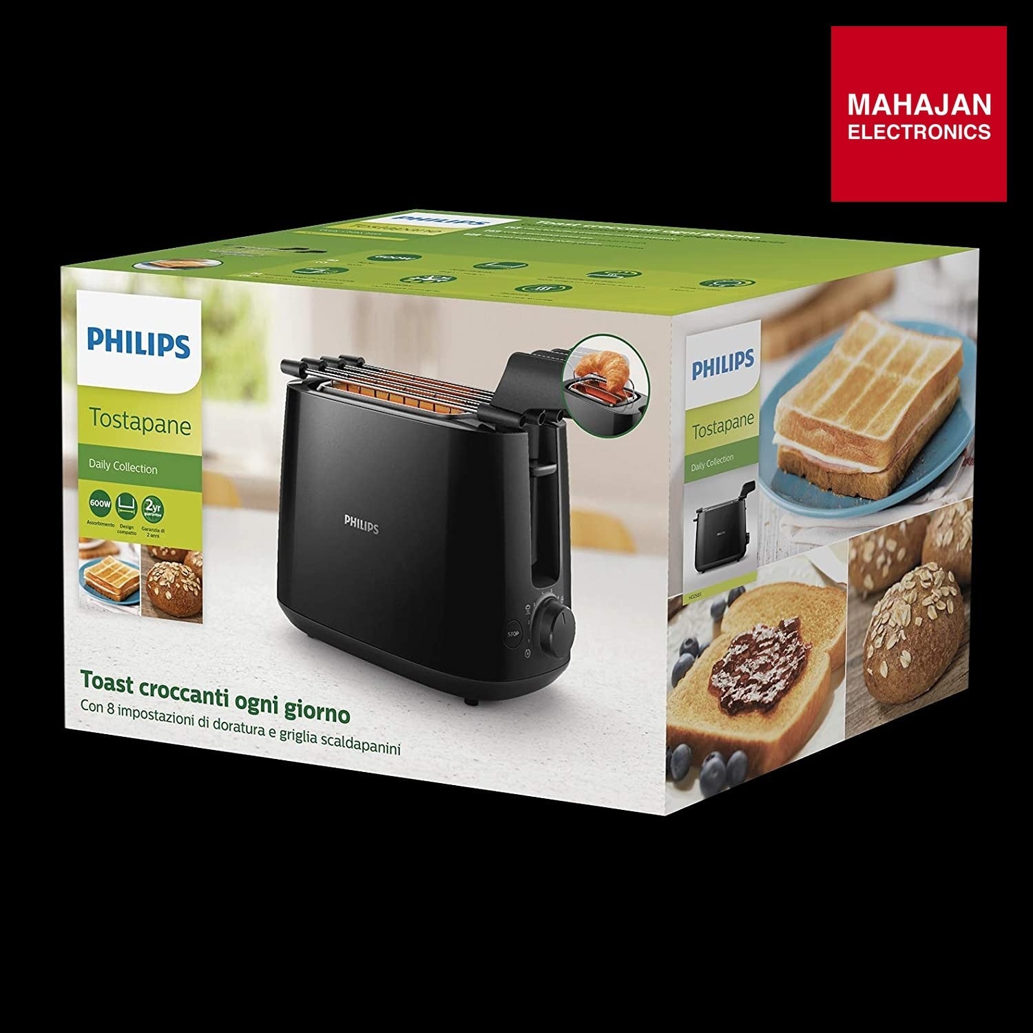 Philips HD2583/90 600W 2-in-1 Toaster & Grill with 8 Browning Settings, Bun Rack & Crumb Tray – Black Philips