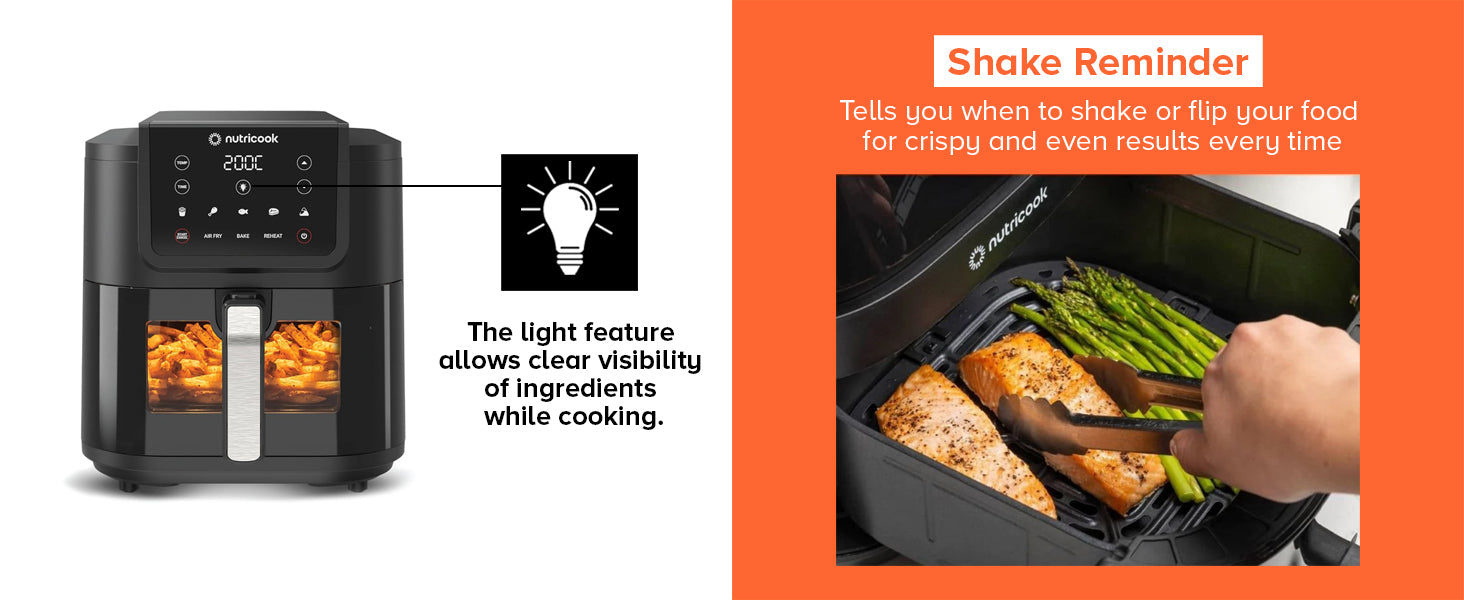 Nutricook Slim XL 7.6L Air Fryer with 100% Toxin-Free Ceramic Coating—No PTFE, PFAS, PFOA or Microplastics, Clear Window, Light ; Extra-Large Basket | 1700W, 5 Presets-Black-Mahajan Electronics Online