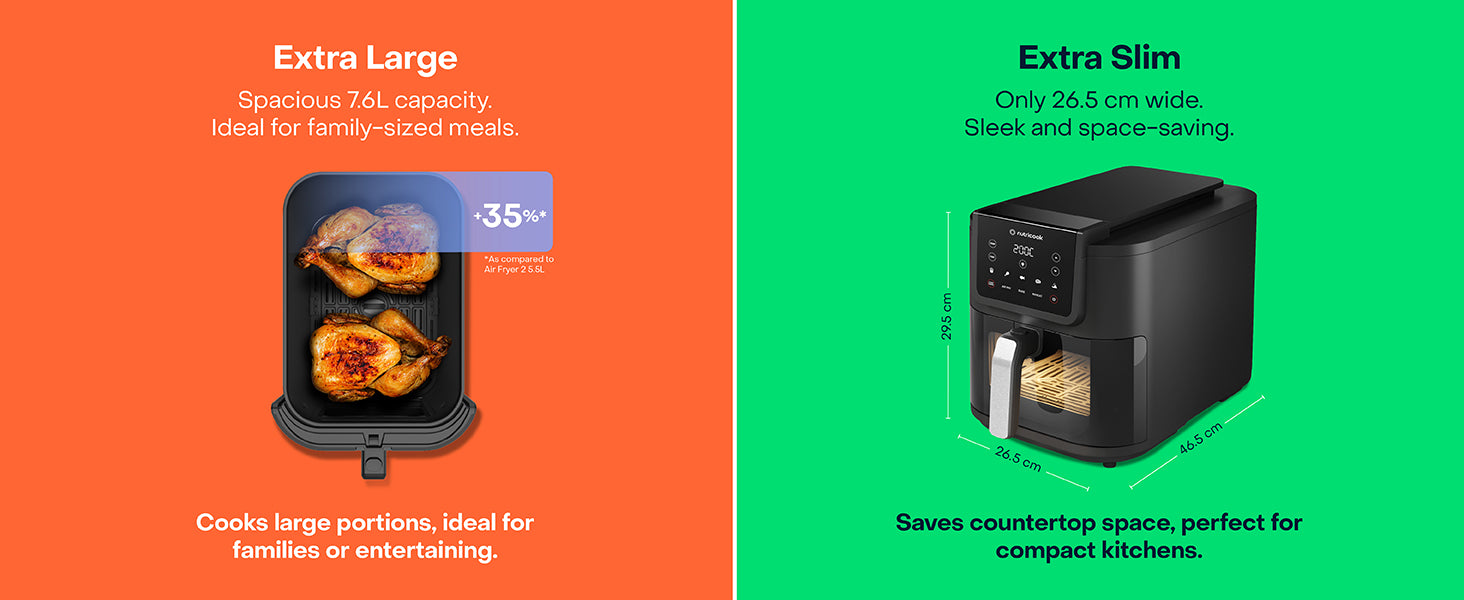 Nutricook Slim XL 7.6L Air Fryer with 100% Toxin-Free Ceramic Coating—No PTFE, PFAS, PFOA or Microplastics, Clear Window, Light ; Extra-Large Basket | 1700W, 5 Presets-Black-Mahajan Electronics Online