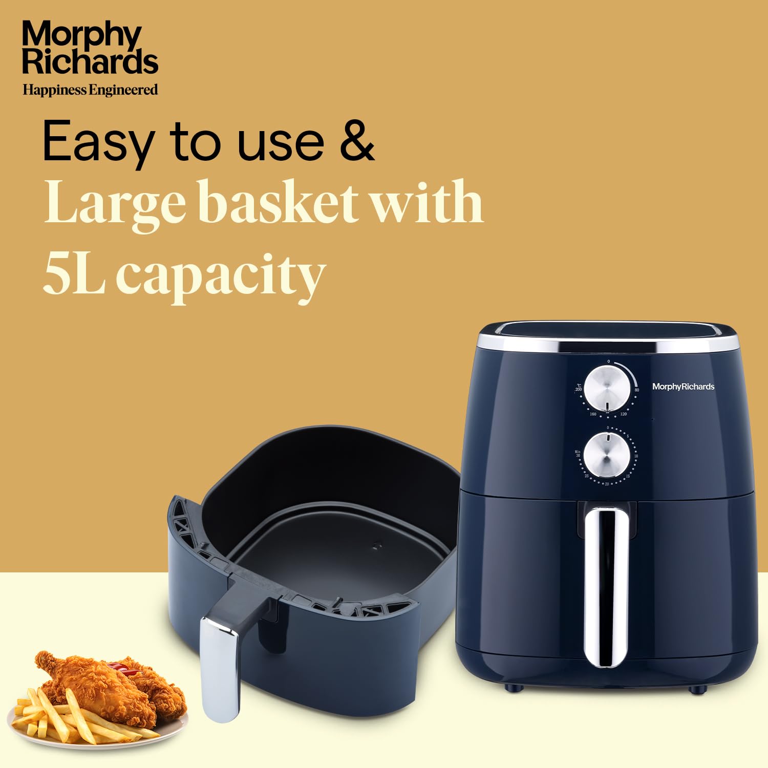 Morphy Richards 5 Litre Classic Crisp Pro Air Fryer|Easy Knob Control|Adjustable Time & Temperature Control|Voltage Fluctuation Protection|Non-stick Coated Basket|2 Year Product Warranty|Blue|1500W Morphy Richards