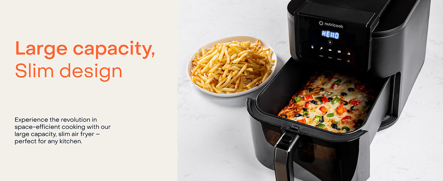 Nutricook Slim XL 7.6L Air Fryer with 100% Toxin-Free Ceramic Coating—No PTFE, PFAS, PFOA or Microplastics, Clear Window, Light ; Extra-Large Basket | 1700W, 5 Presets-Black-Mahajan Electronics Online