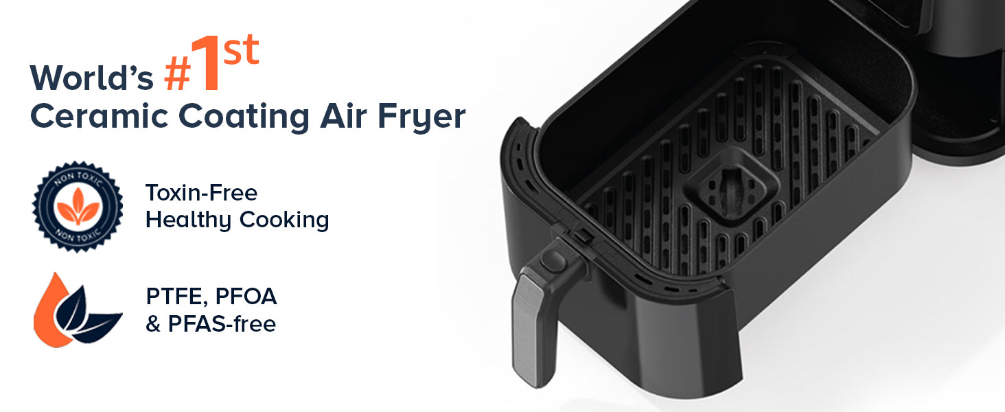 Nutricook Slim XL 7.6L Air Fryer with 100% Toxin-Free Ceramic Coating—No PTFE, PFAS, PFOA or Microplastics, Clear Window, Light ; Extra-Large Basket | 1700W, 5 Presets-Black-Mahajan Electronics Online