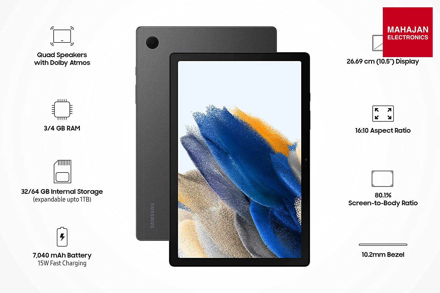 Samsung Galaxy Tab A8 10.5 inches Display, RAM 3 GB, ROM 32 GB Expandable, Wi-Fi Tablets, Gray, (SM-X200NZAAINU) - Mahajan Electronics Online